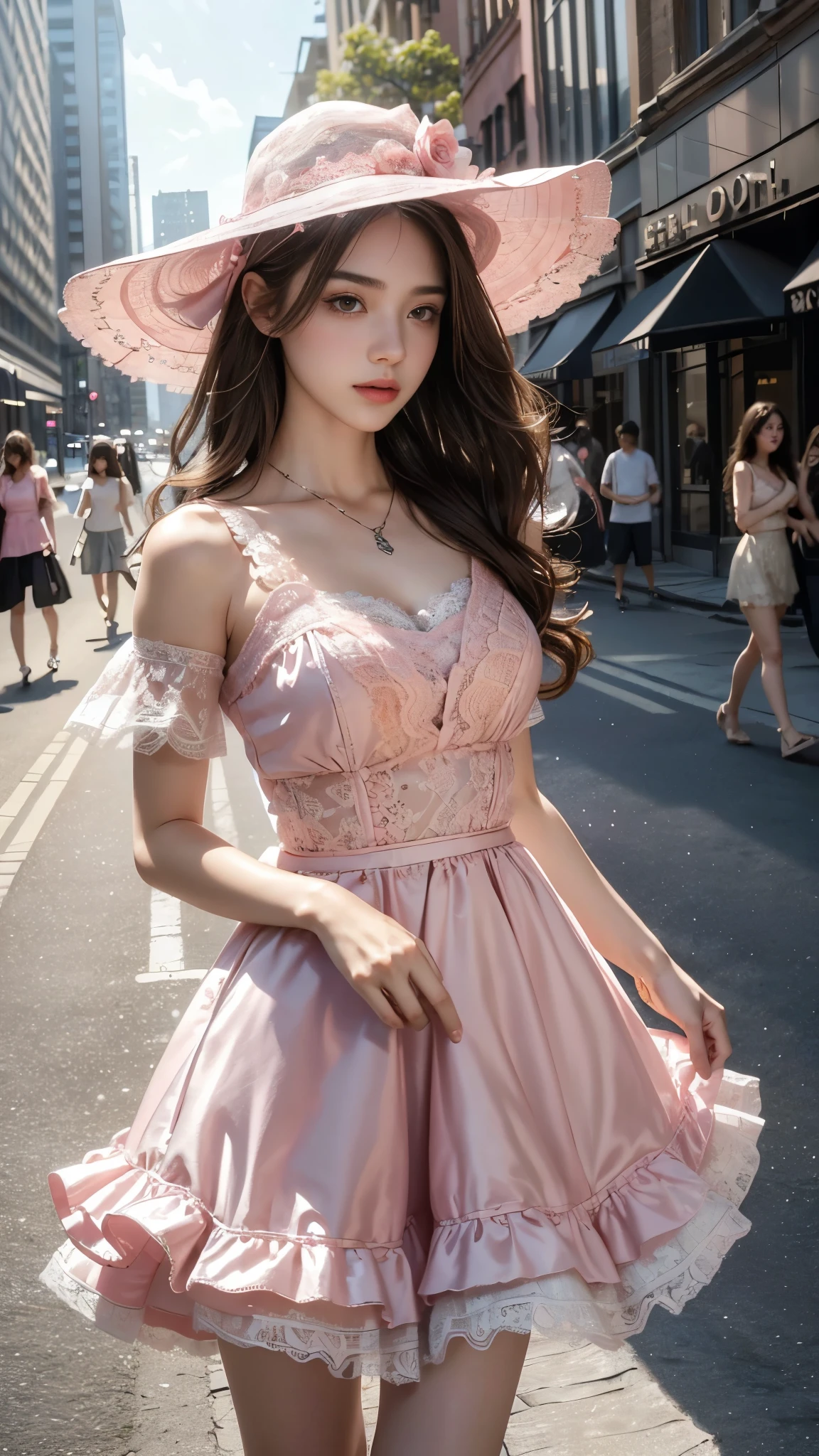 8K, UHD, MAsterpiece, best quality, 1 girl, (realistic face), happy pace, very long hair, small breasts, decorated dress, very beautiful ornaments dress, pink color, lace, mesh dress, sardine, loops, in the balcony, ipllers, depth of field, cinematic lighting, chromatic aberration, motion blur, glowing light, god rays, ray tracing, reflection light, backlighting, knee short,