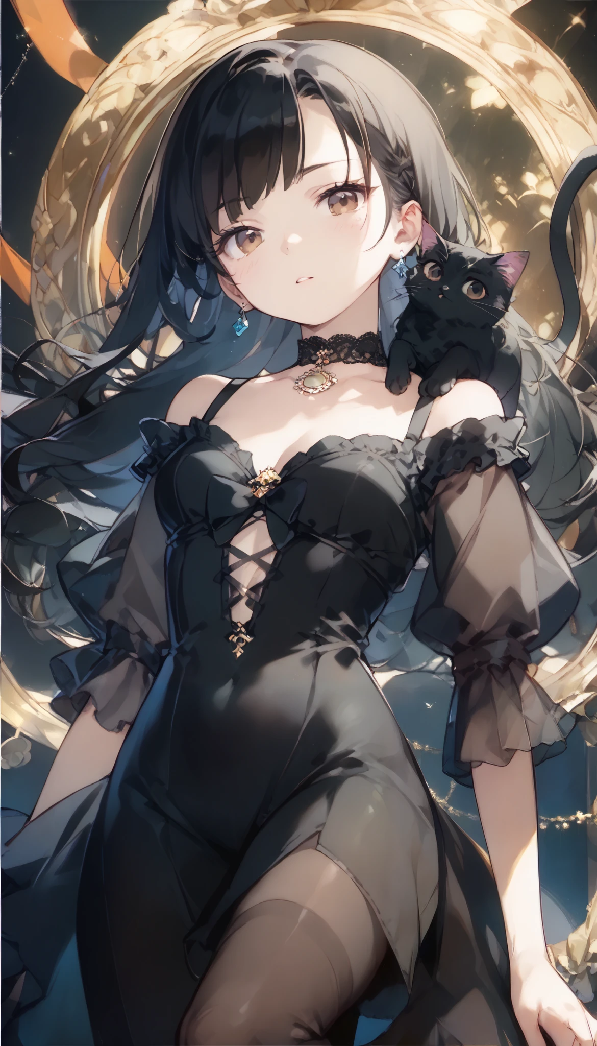 black hair tomboy cut girl {x} anime style girl, let it be white,Black Haired Princess Cut Girl , Girl in a Very Simple Dress、A graceful pose , brown eyes,((( I would like an image of a girl with black cat and title )))、