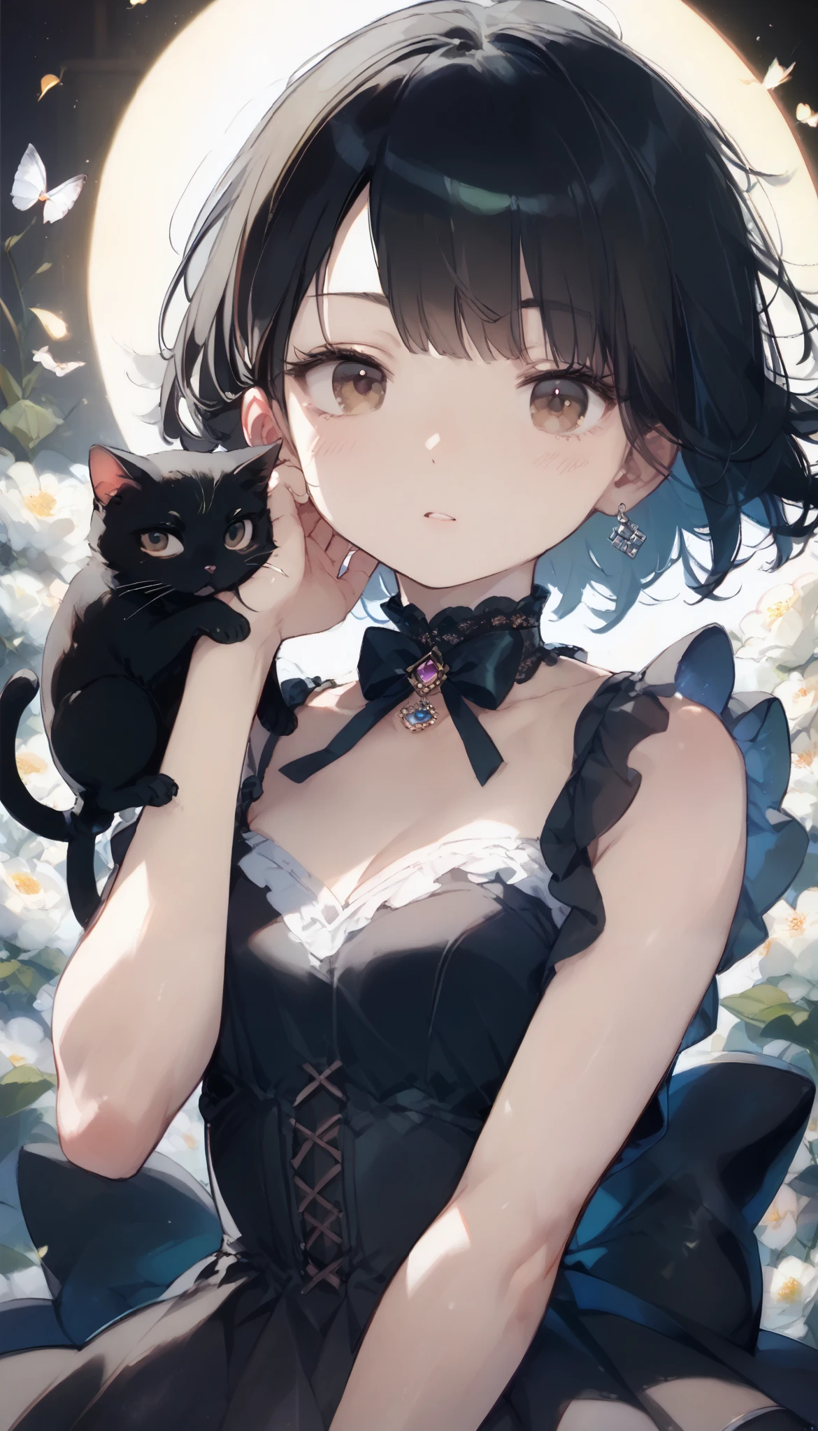 black hair tomboy cut girl {x} anime style girl, let it be white,Black Haired Princess Cut Girl , Girl in a Very Simple Dress、A graceful pose , brown eyes,((( I would like an image of a girl with black cat and title )))、