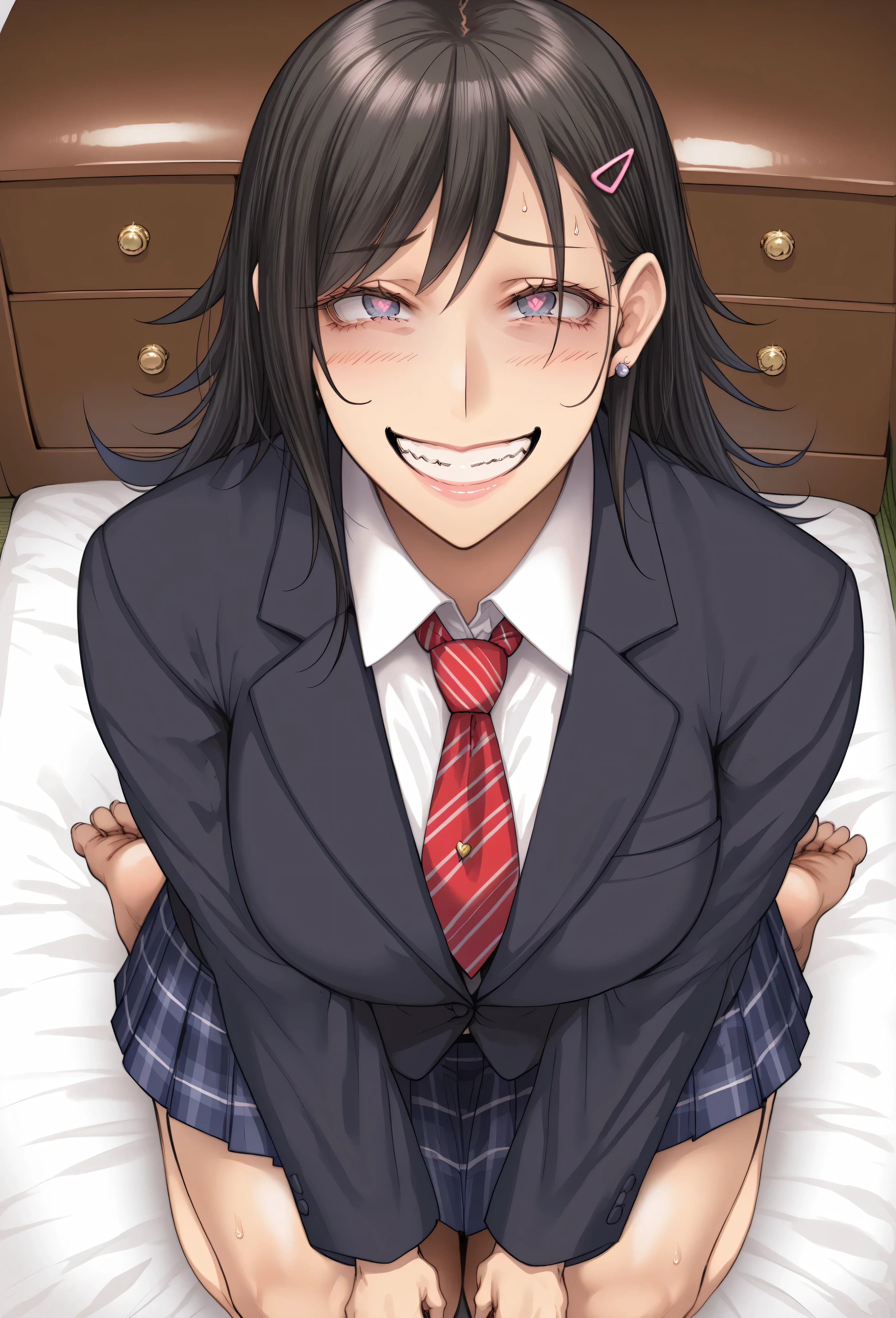 score_9, score_8_up, score_7_up, score_6_up, score_5_up, score_4_up, source anime,((masterpiece,best quality,high detailed)),Bird's eye view,((pov,view from above,teeth,nervous smile,wry smile,nervous,flustered face,Palishy)),heart hands,
anime girl sitting on a giant object in a bed, trending on pixiv, conceptual art,(heart shaped pupils) , oppai, giantess art,1 girl,beautiful face ,cool face, gyaru,pale skin,white-skinned female,Squat,japanse high school girl,school uniform, Thick thighs, Glamor, Curvy, Plump,beautiful straight hair, long hair, Bob cut, Air bangs, Asymmetrical bangs, Sidelocks,wide hip,black hair ,sweat,black blazer, open blazer, white shirt, plaid skirt, shirt tucked in, red and navy diagonal-striped tie,barefoot,kamikou blazer