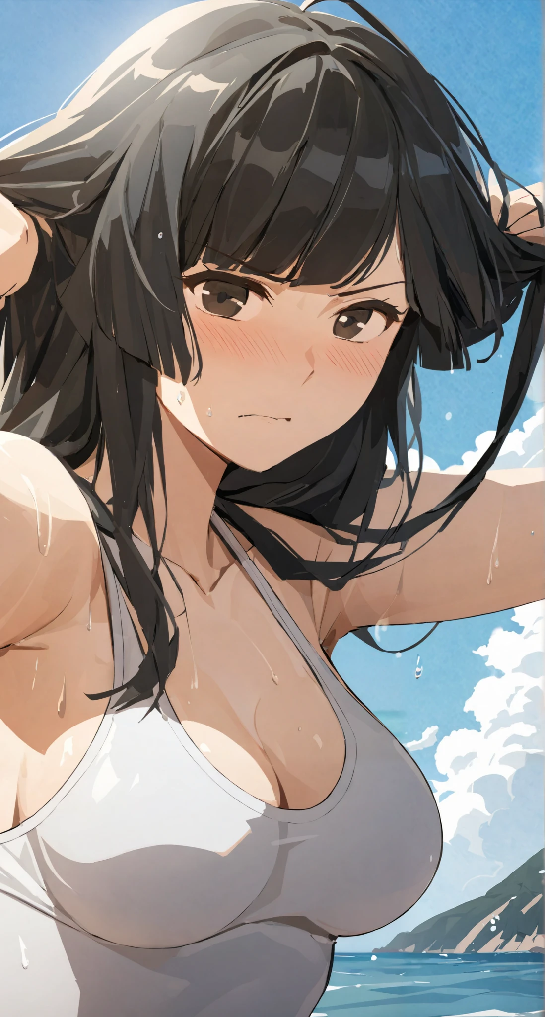masterpiece,best quality, solo, eda, bangs, black hair, upper body,blue sky,cloud, shy expression, medium breast, hot, thicc, swimsuit , ocean, water, she is tying her hair, she is shy, embarrassed , she is embarrassed, dynamic pose, close shot, upper body, chubby, dynamic pose, trying hard, serious face, her chest is getting bigger 