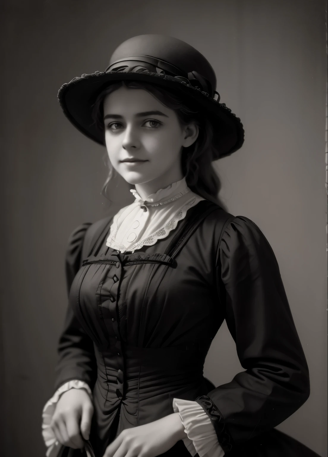 an old photo of a woman in a dress and a hat, in her early 1890s, photo of young woman, a beautiful victorian woman, black-white retro photo 1890, a cute young woman, grayscale 1890 s picture, 1890s picture