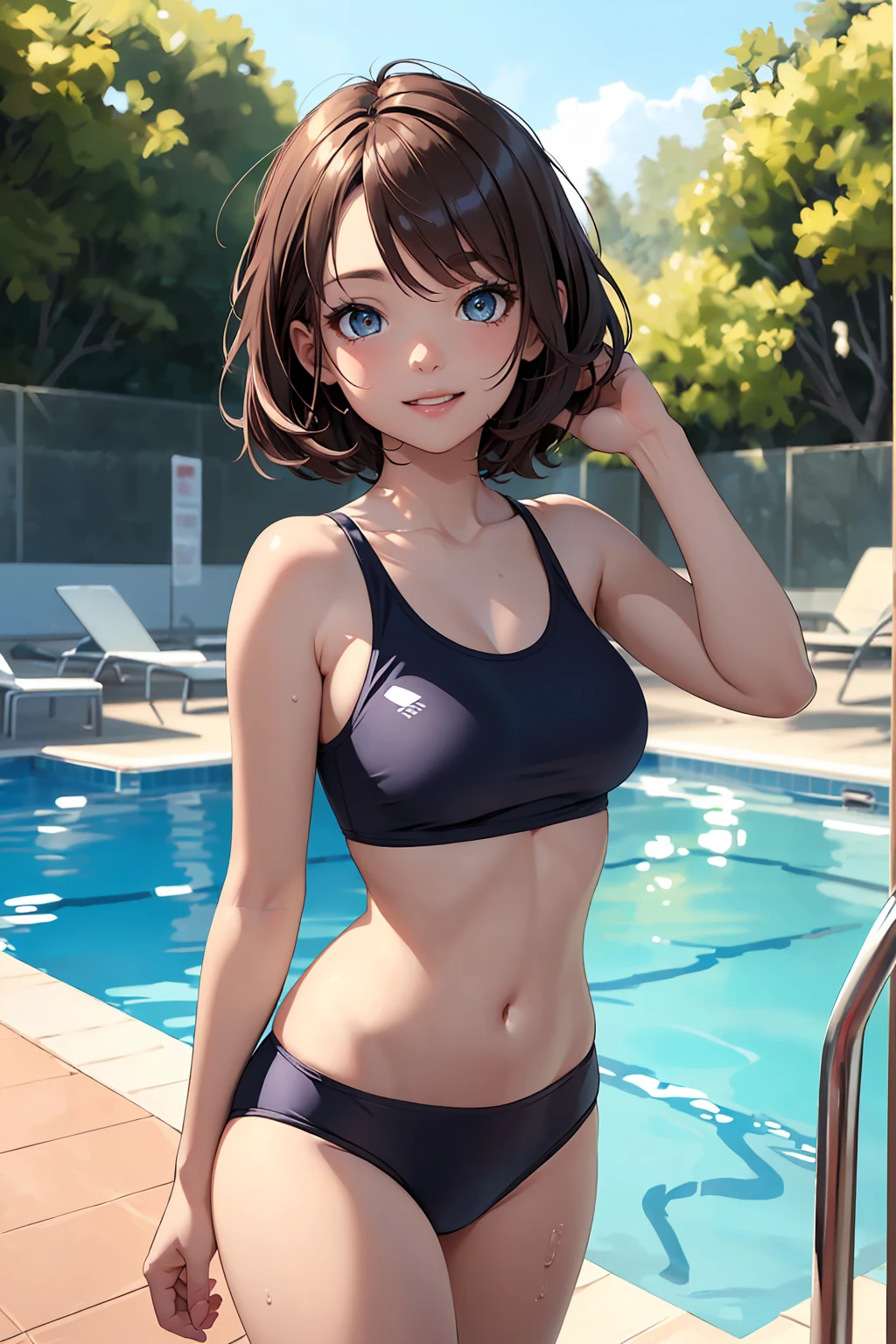 ((highest quality, 8k, masterpiece: 1.3)), One girl, The beauty of slim abs: 1.3, (Hairstyle: Bob with flips, Big Breasts: 1.2), School Swimsuit, Very beautiful face, Delicate eyes, double eyelid, smile, School