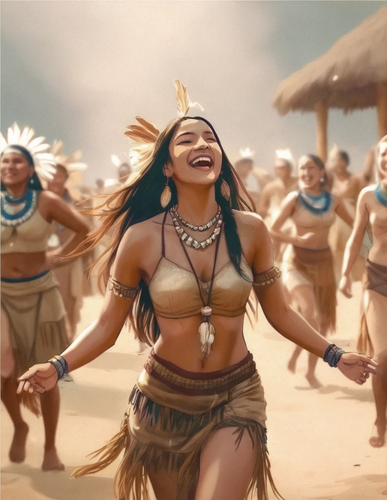 Dynamic Pose、Dynamic Angle、In the jungle、grassland、Amazoness、Girl、Girl、Pussy、Indian、Both eyes open、National costume、Brown skin、Small breasts、Nipples、Butt、Thighs、dance、belly button、Spectators、sunlight、pants、Healthy Skin、Black、Have fun、Masturbation、Trance