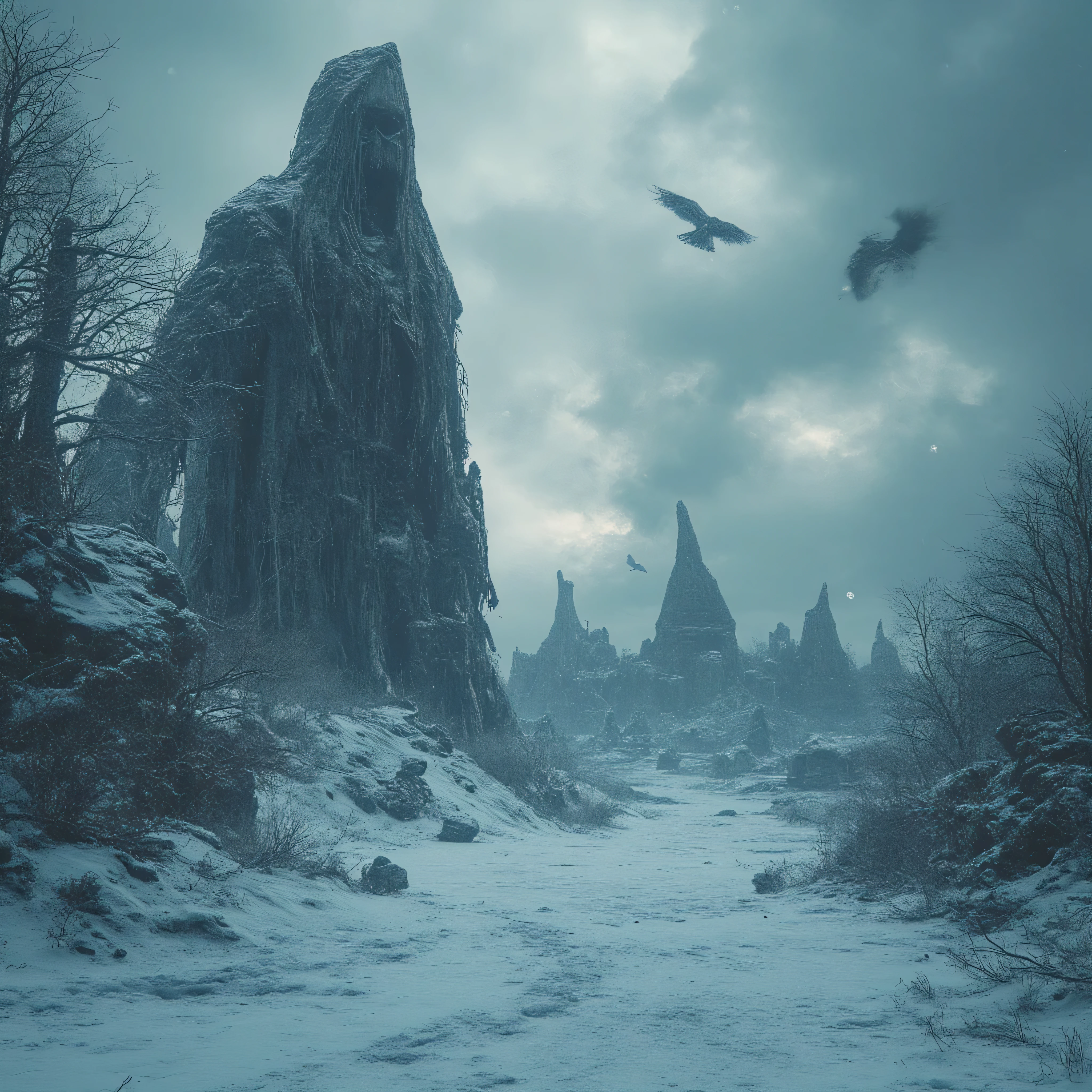 The cold north. A huge village, pagan idols. Crows in the sky. . snowstorm. the ice forest in the north.. Cold lighting