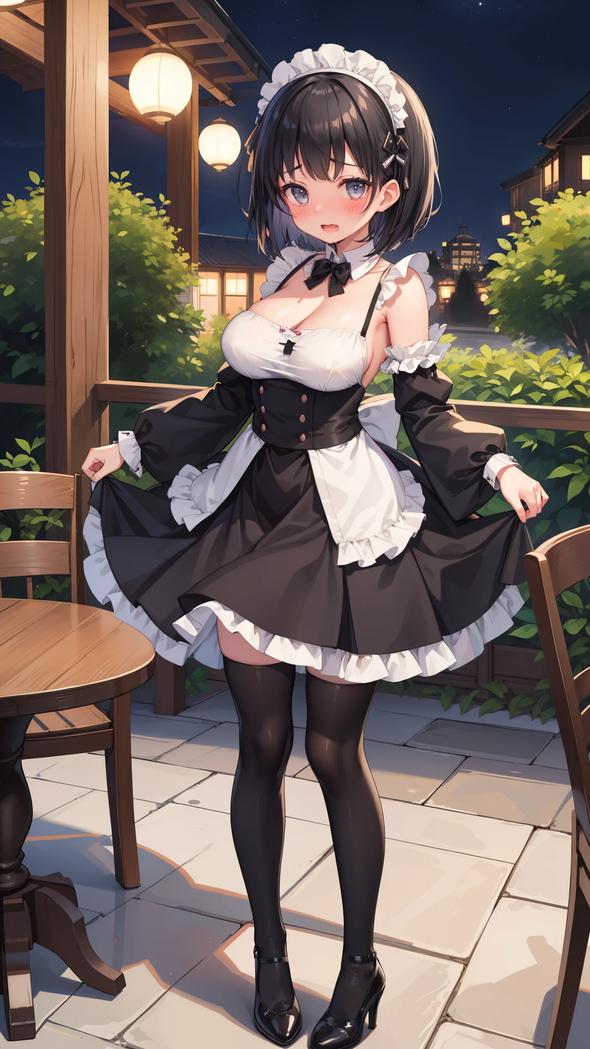 woman,Bob Hair,smile,Large Breasts,Maid clothes,Short sleeve,I can see the valley.Cute black gloves,Cat ears headband,Wear tights,Dark brown hair,Large Breasts,maid Cafe
