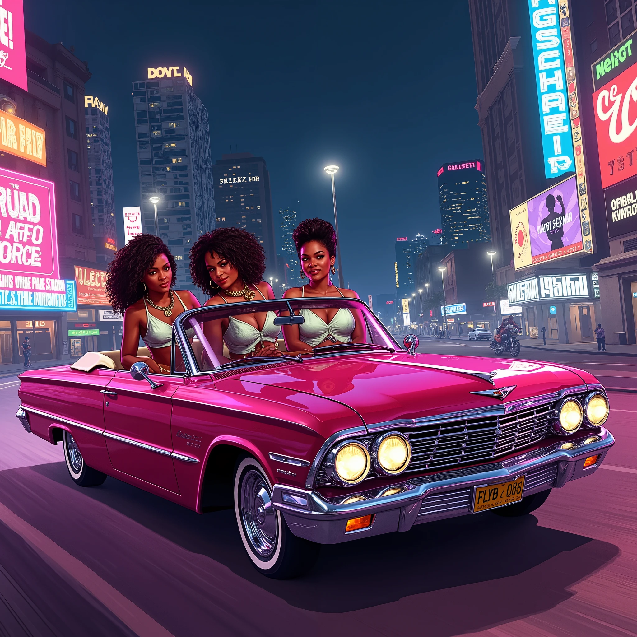 Full Picture of a LA lowrider convertible , some cool black girls in the car, GTA 5 style