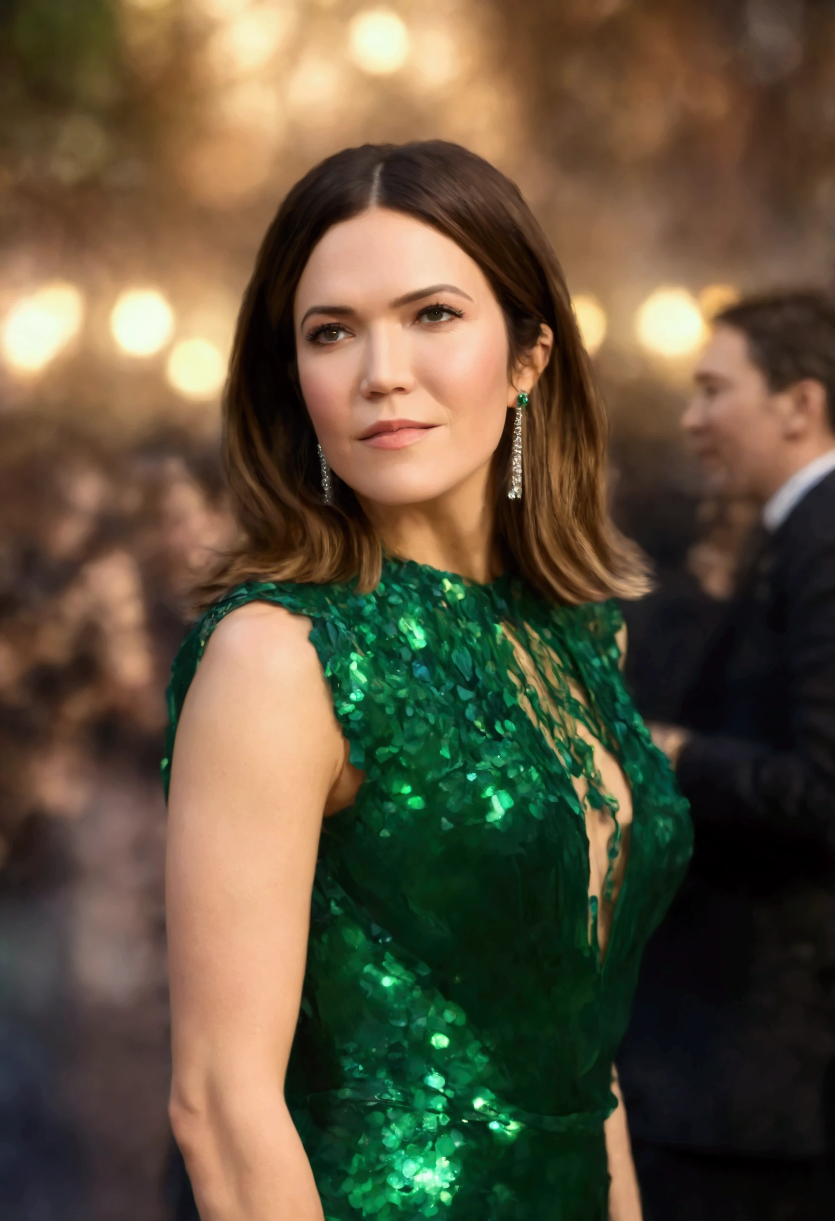 best quality, highres, 8k, masterpiece, photography, detailed midbody photorealistic portrait. Jade Jewels celebrates Mandy Moore's emerald glamour. Her jade silk dress accentuated with jewelled detailing radiates sophistication and opulence. She pairs it with black gloves and heels. Her chestnut brown hair rests softly against her ears as she confidentially leads her followers towards submission. 40 years old, (real skin texture: 1.3), (slender figure: 1.1), six-pack abs, (Immersive Ambience, Chiaroscuro: 1.5, Dim Light: 1.2, Glow Lighting), (Bokeh: 1.5), Blurred, high contrast, (Fuji colours: 1.5), film grain