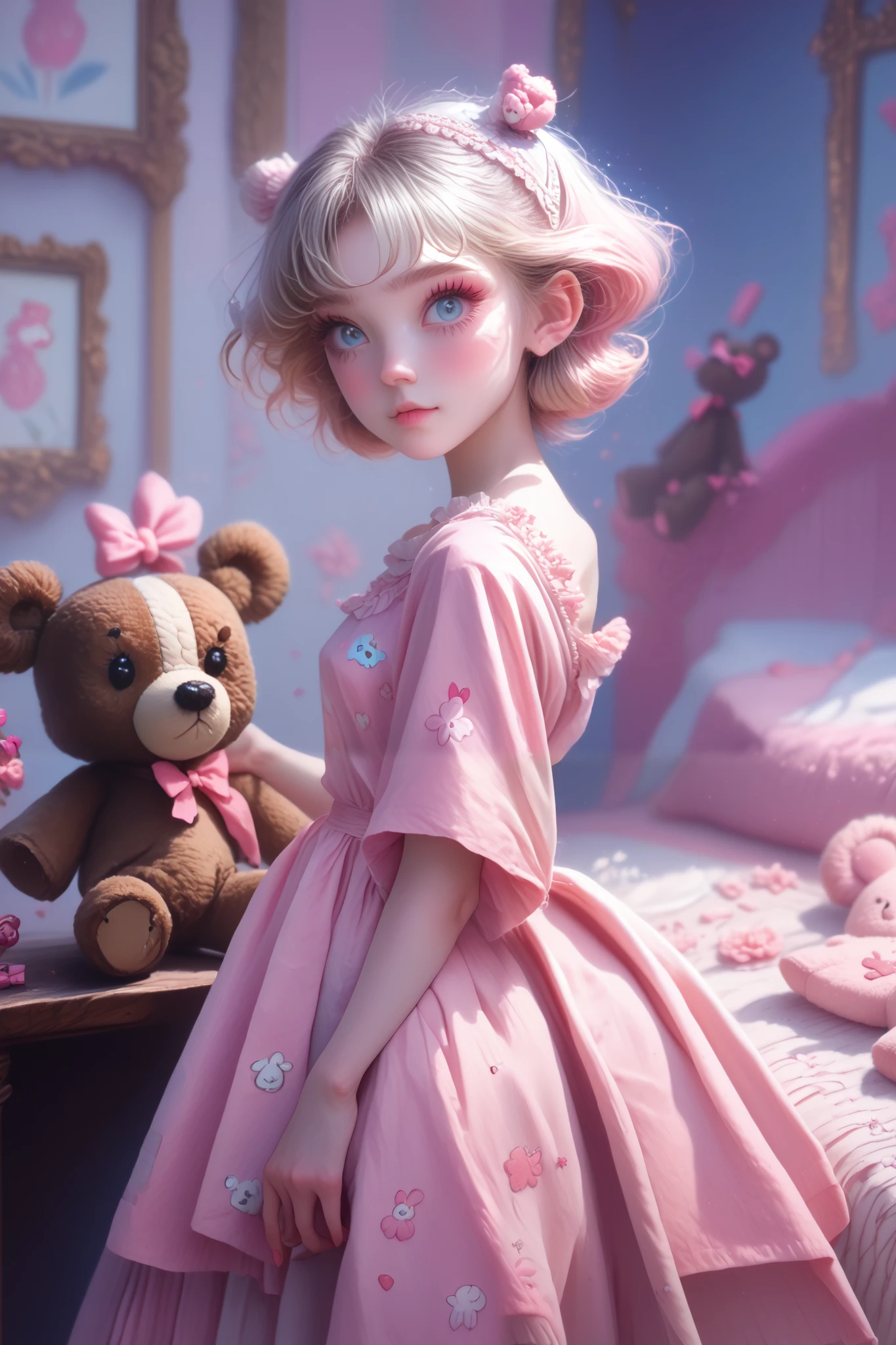 a very young ,cute cheeks Long dress in pink pajamas 、 Full image of a girl holding a teddy bear , blue eyes、 Light pink room in the background 、 short hair, mystery,bow hair, whole body,bed in the background 、 Blue eyes and short hair ,quarto feminino beautiful, beautiful, fofo, hair fringe ,penteado babydoll, blonde looking at the camera 、 A beautiful woman in a long red dress and holding a little bear is surrounded by a black teddy wolf in the background.、 Full image of the 、smaller breasts、 Closed windows
Make the entire image fit the frame 。