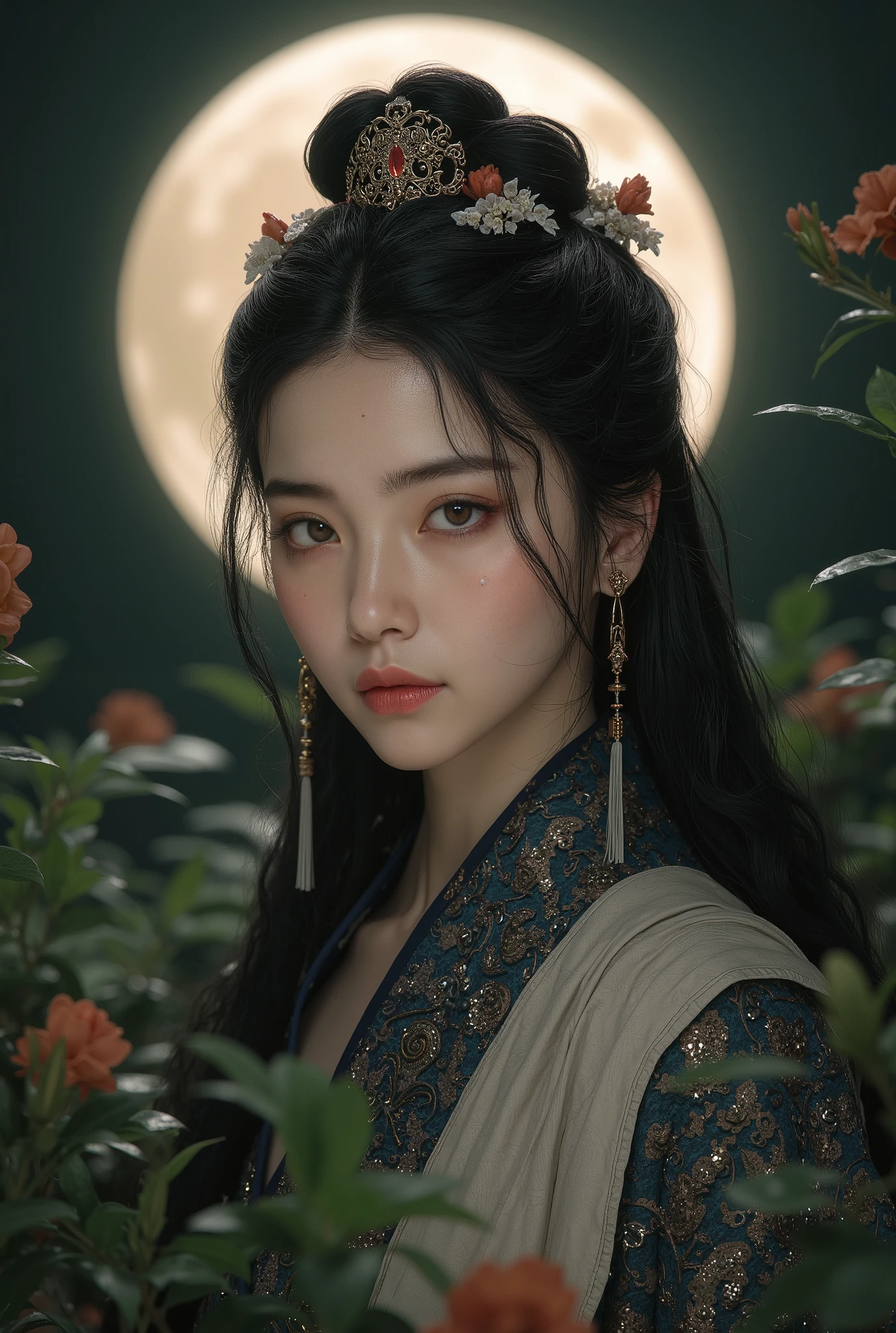 A masterpiece portrait of a mature, intellectual Chinese princess with a serene expression, long dark curly hair in an elaborate updo with hairpins, soft pink lips, and a close-up of her delicate face and hands, set against a backdrop of lush green foliage and a full moon, highly detailed, photorealistic, 8k, HDR, cinematic lighting, muted color palette