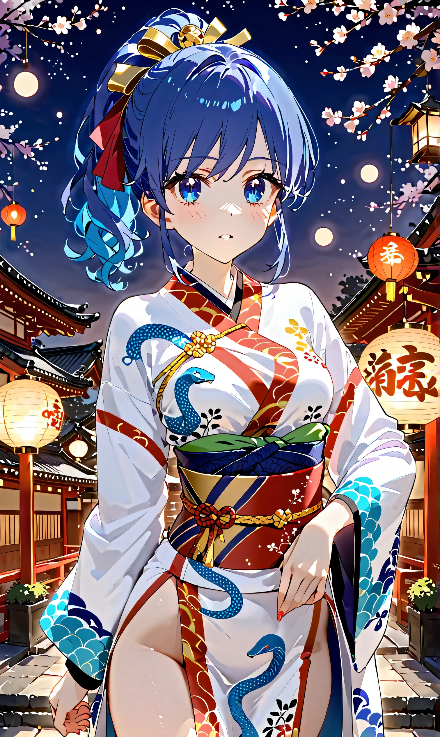 sfw, Kiriya Aoi, a girl wearing a very beautiful snake kimono, snake kimono, luxurious obi, clothes, small breasts, New Year's, blue hair, blue eyes, side ponytail,, best shot, up from the chest, gaze, , NO nude: 2.2,
