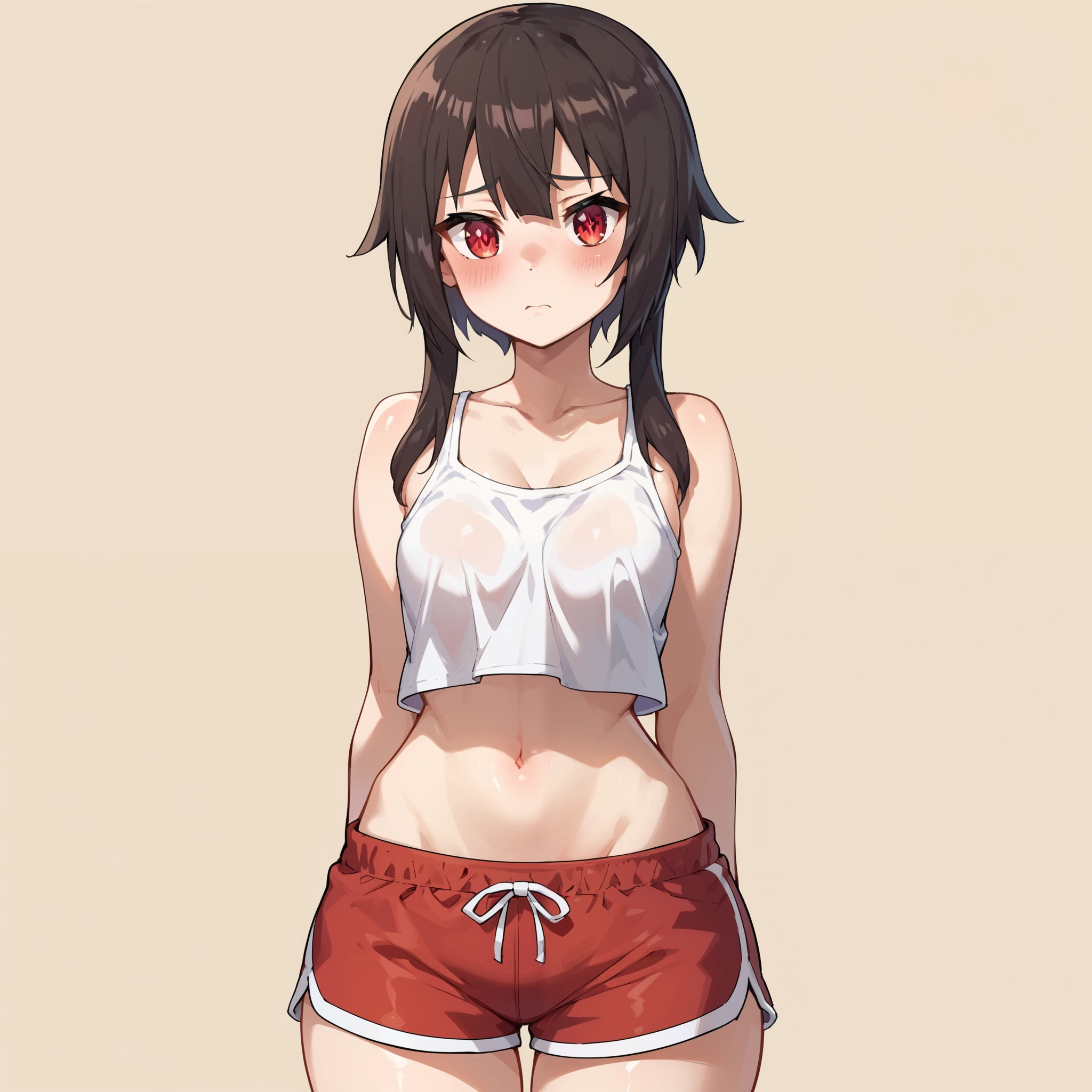 1girl, solo, megumin, short hair, black hair, red eyes, side locks, long locks, tiny breasts, wide hips, thick thighs, white tank top, black dolphin shorts, blushed, shy, standing, looking at viewer, simple background, from the front view
