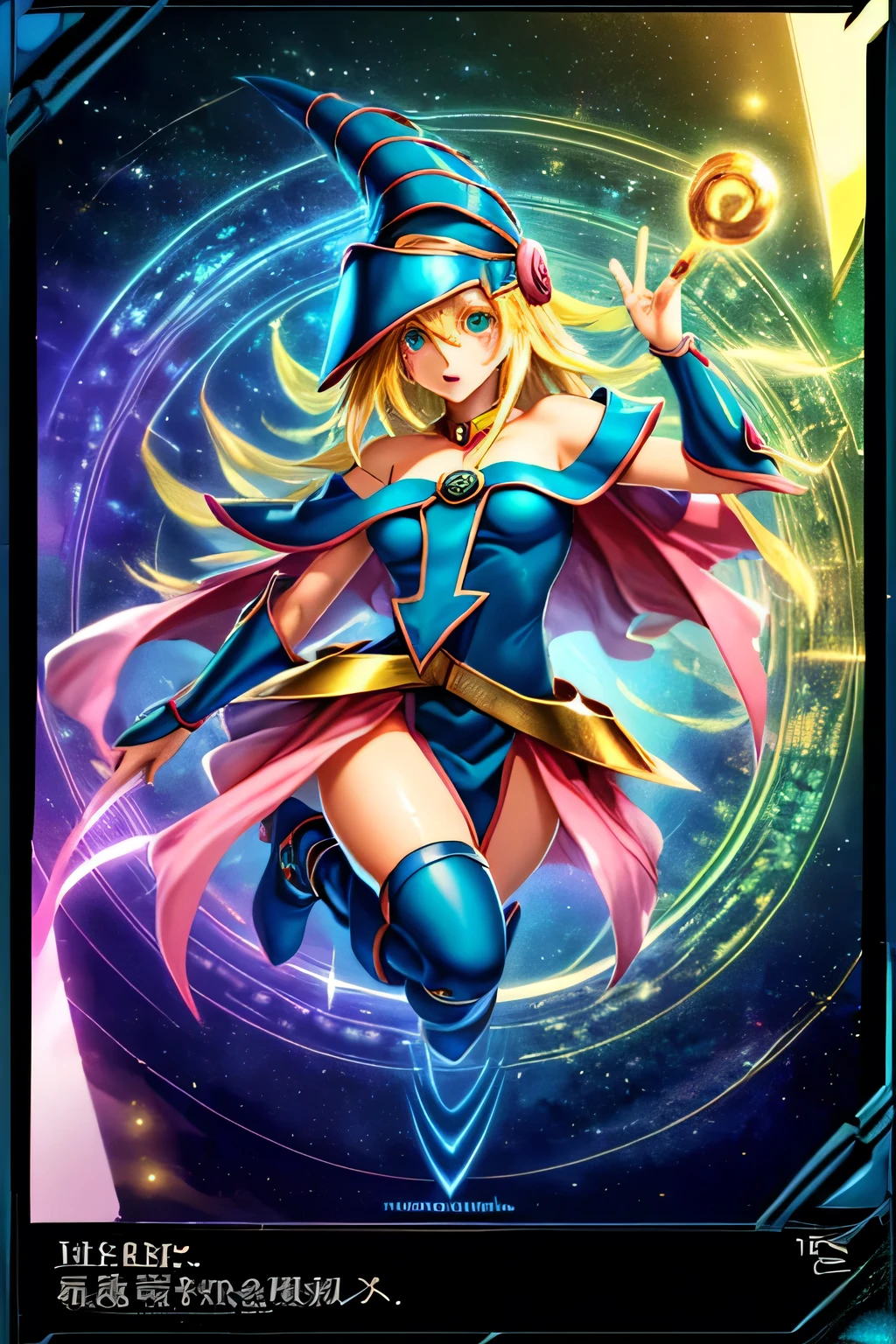 Una chica maga oscura flotando tiernamente, magical aura, fantasy background, Runa brillante, (( una tarjeta Yu-Gi-Oh debajo de ella)), dando una vibra de que fue convocada,epic composition, (Detalles complejos), (complex design, Ultra-detalles :1.2), Art Station, (Obra maestra, La mejor calidad), Ultra HD, 32K ,Renderizado de octanaje, bioluminiscente,8k resolution concept art, realismo,por Mappa studios,Obra maestra,La mejor calidad,Arte Oficial,illustration,clear line,(fresco_Color),perfect composition,absurdos, fantasy,( debajo de ella hay una tarjeta de Yu-Gi-Oh), Diagrama