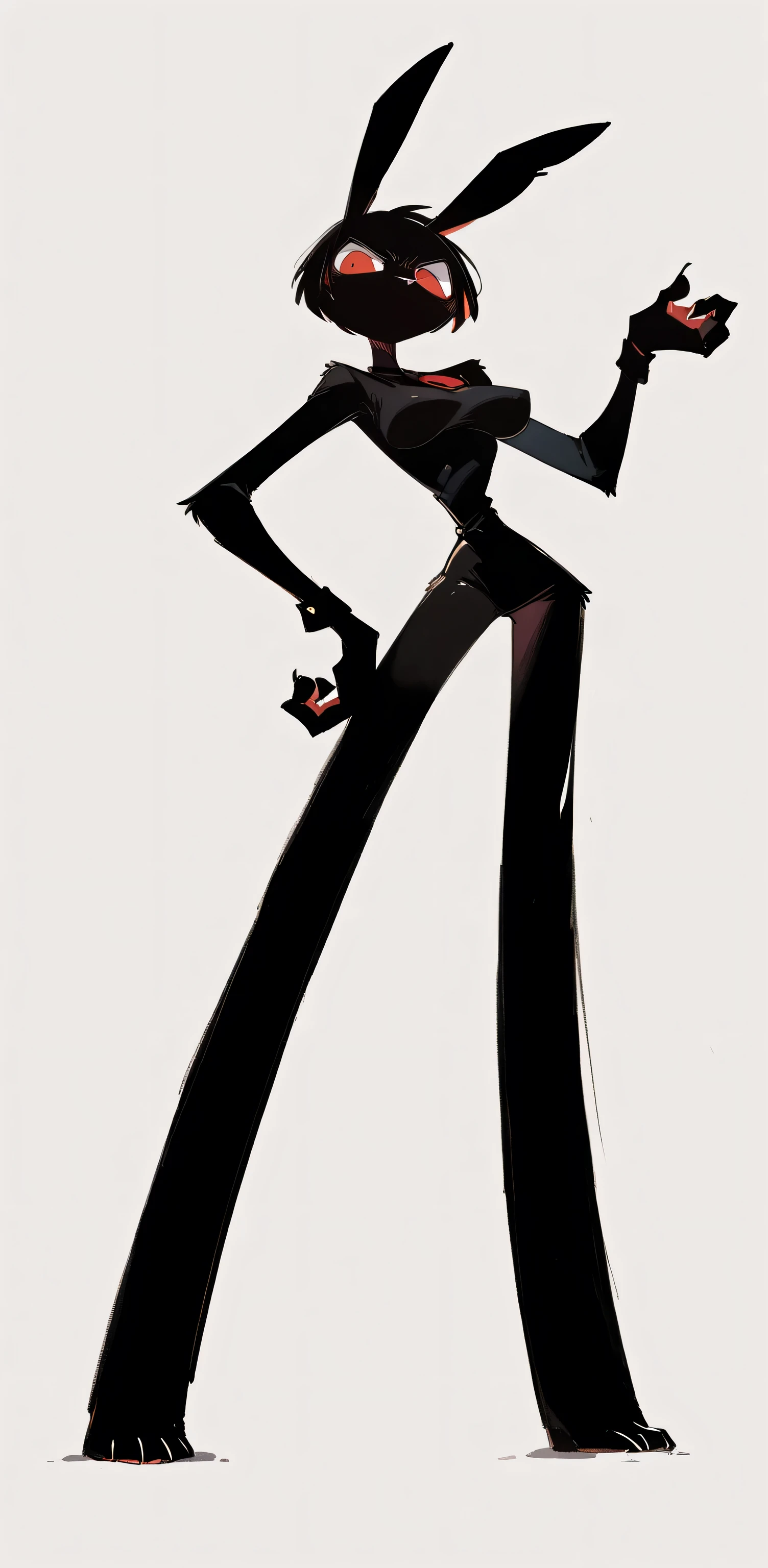 Excellent work 4K, details, extreme details, high resolution, 1 woman , furry , black rabbit , red eyes , serious face , long legs , abdomen, large breasts , Stand on hips