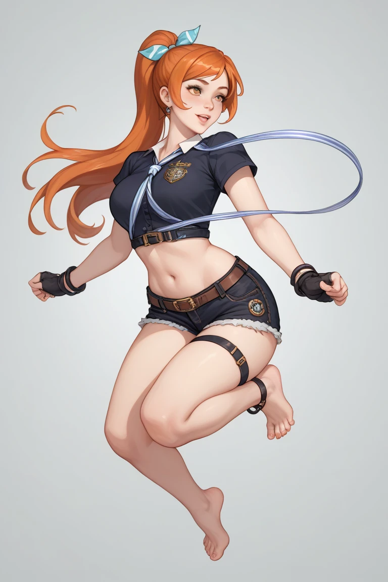 A tall woman with purple eyes. Her long dark orange hair is tied in a high ponytail, she has a band-aid on the left side of her face, She wears a tight blue top and shorts, three medals around her neck, six pack, muscle, anime art style shinny muscular body,