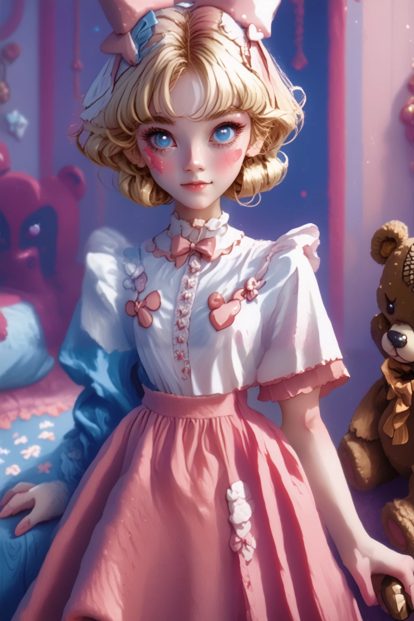 a very young ,cute cheeks Long dress in pink pajamas 、 Full image of a girl holding a teddy bear , blue eyes、 Light pink room in the background 、 short hair, mystery,bow hair, whole body,bed in the background 、 Blue eyes and short hair ,quarto feminino beautiful, beautiful, fofo, hair fringe ,penteado babydoll, blonde looking at the camera 、 A beautiful woman in a long red dress and holding a little bear is surrounded by a black teddy wolf in the background.、 Full image of the 、smaller breasts、 Closed windows
Make the entire image fit the frame 。