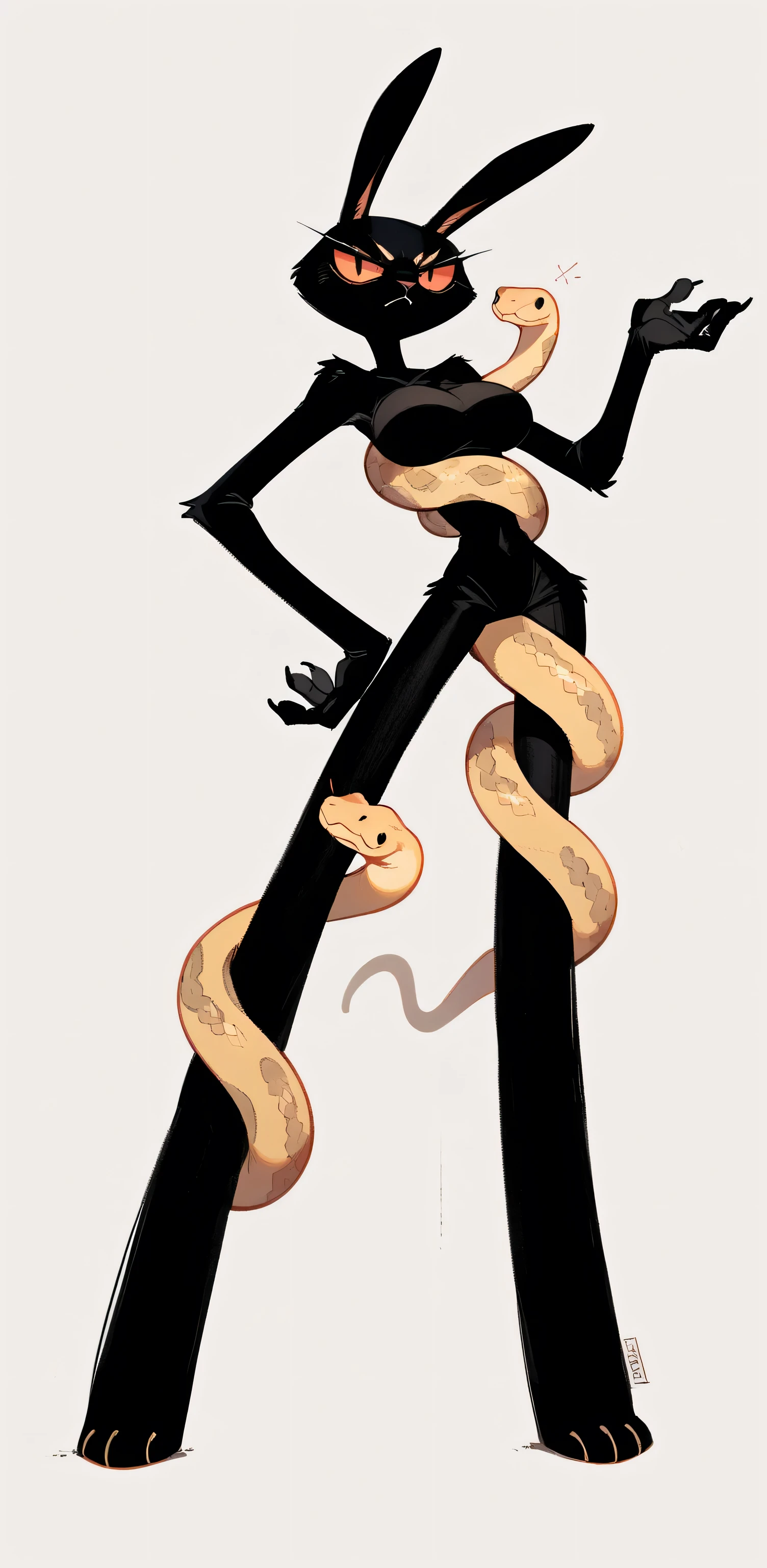 Excellent work 4K, details, extreme details, high resolution, 1 woman , furry , black rabbit , serious face , long legs , abdomen, large breasts , Stand on hips , snake constriction