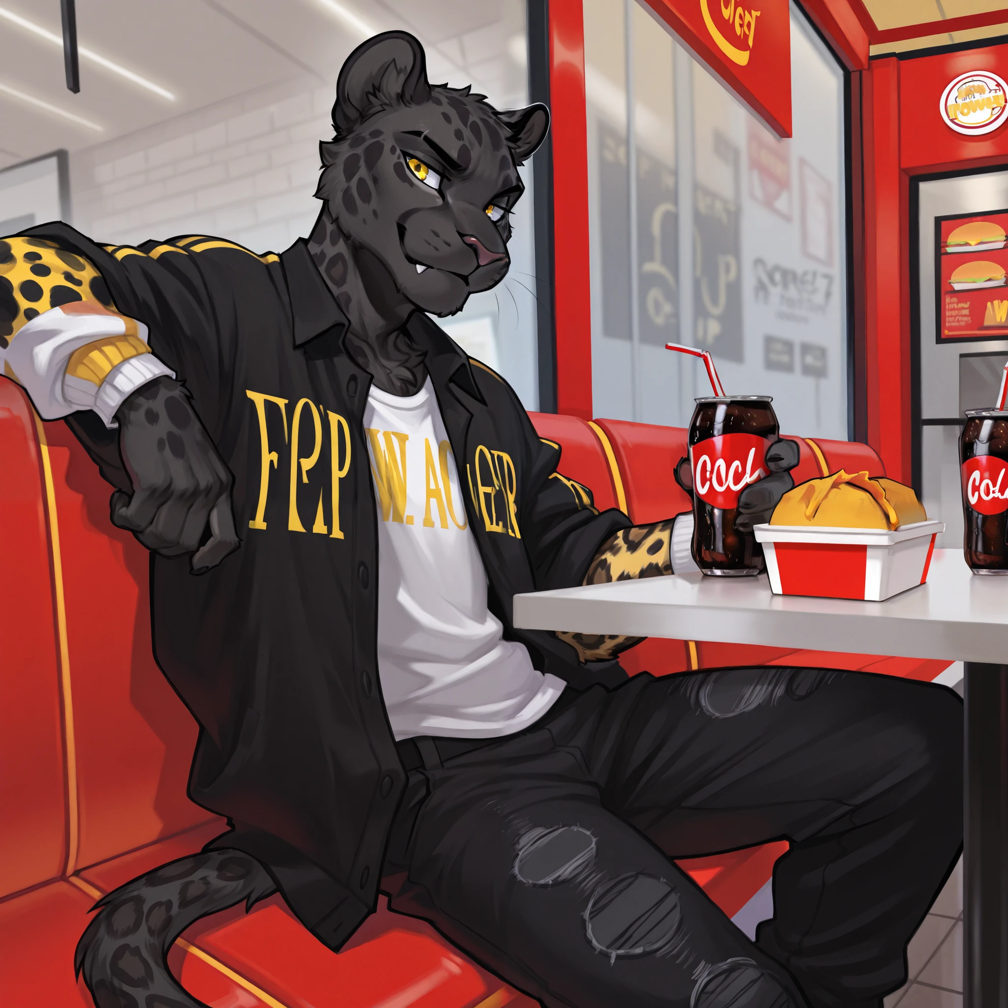 Furry black spotted panther, man, masculine, black spotted panther, fast food restaurant, yellow eyes, solo, soda, grunge clothes, grunge style, sitting.