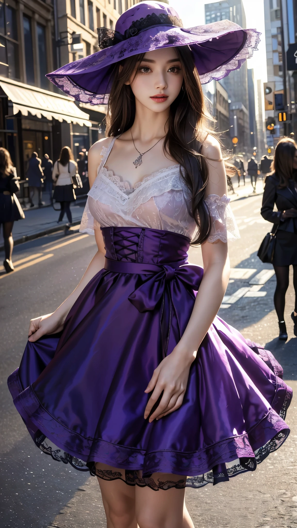 (Woman standing on the balcony of an old castle),(masterpiece, highest quality, realistically, work, Super detailed, 8K), ((wide angle lens, full body female love)), 1 girl，light makeup，exquisite features，smile，exquisite crystal jewelry，heart shaped necklace，Crystal Headband，light brown hair, pompadour hairstyle, curl，Correct finger structure，Black lace flare mini skirt, Pink lace off-shoulder lolita fashion outfit，leather shoes，long legs，frontal standing posture ，full body portrait，European castles are hazy