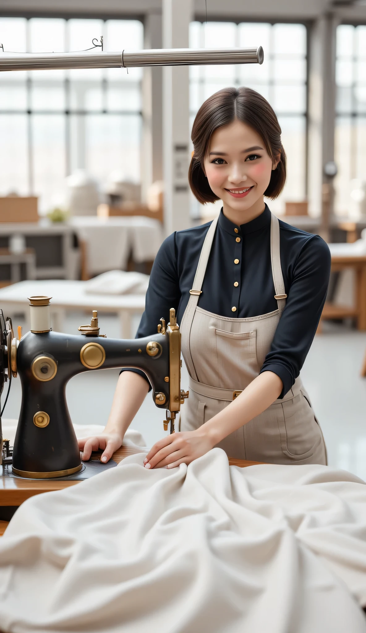 (Focus on a sewing machinery on mid centered widen view),A symmetrically balanced ultra wide angle image set in industrial revolution era. The scene features a lively, luscious, and shapely woman tailor worker with a blush and a smile, dressed in a tight, shapely 19th century worker dress. She is operating focus on a large size of sewing cloth machinery on the big working table in central front view, which are intricately highlighted. The image is centered with wide central leading lines, and the scenery is that of inside the textile factory. The lighting is cinematic and soft, with the fullest depth of field. The woman's hands are realistic with accurately depicted human fingers, and her hair is shiny. The overall style is that of best photography, with influences from Artstation, Deviantart, and Unreal Engine art. The image has a realistic upscale detailed 3D computer graphics feel, with elements of steamPunkAi artwork.(ultra realistic lifelike texture depth:hyperrealistic).