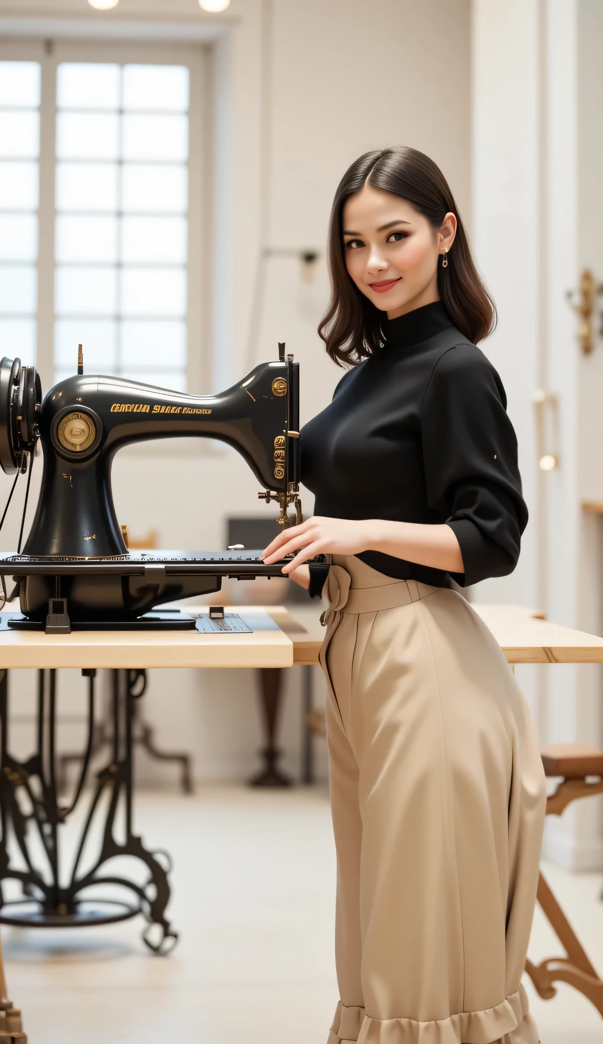 (Focus on a sewing machinery on mid centered widen view),A symmetrically balanced ultra wide angle image set in industrial revolution era. The scene features a lively, luscious, and shapely woman tailor worker with a blush and a smile, dressed in a tight, shapely 19th century worker dress. She is operating focus on a large size of sewing cloth machinery on the big working table in central front view, which are intricately highlighted. The image is centered with wide central leading lines, and the scenery is that of inside the textile factory. The lighting is cinematic and soft, with the fullest depth of field. The woman's hands are realistic with accurately depicted human fingers, and her hair is shiny. The overall style is that of best photography, with influences from Artstation, Deviantart, and Unreal Engine art. The image has a realistic upscale detailed 3D computer graphics feel, with elements of steamPunkAi artwork.(ultra realistic lifelike texture depth:hyperrealistic).