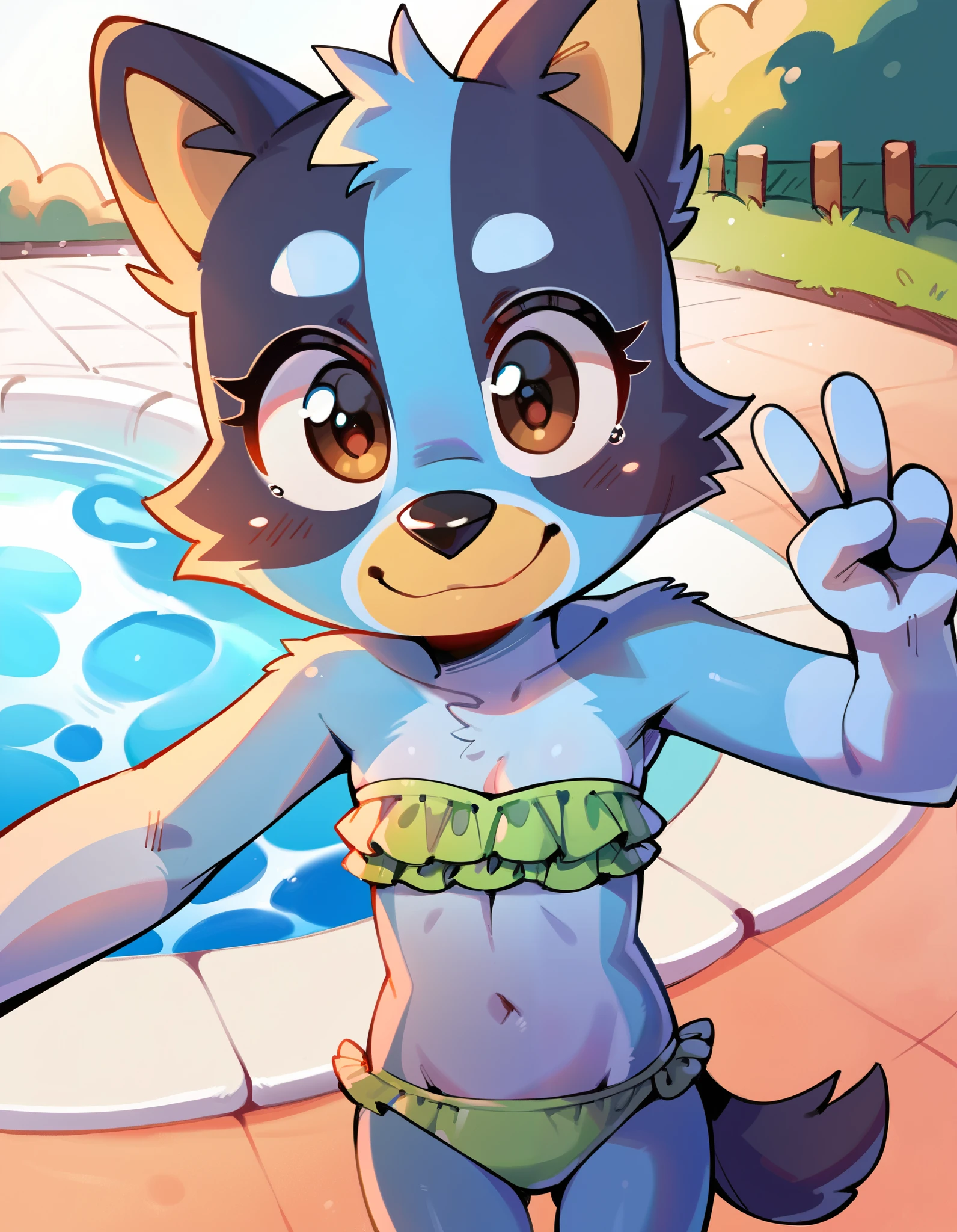 score_9, score_8_up, score_8, 1girl, source_cartoon, source_furry, blueyxl, bluey heeler, , young, girl, anthro, furry, tail, blue body, messy bangs, messy ponytail, brown eyes, animal ears, flat shaded background, :3, feminine, female, tuft cheeks, slender figure, slim body, short body, tiny body, ((green frilly strapless bikini top, midriff, green ruffled bikini bottom)), navel, countershading, navel, gorgeous body, anime style, 2D, pool, standing, selfie, pov, peace sign in one hand,