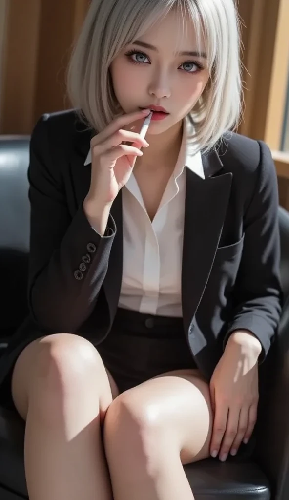 16K quality、highest quality, high resolution, real photos, (Super realistic、photorealistic)、((long shot、full body portrait))、(((hospital examination room、In front of the medicine cabinet、medical record file、Lined up with advanced medical equipment))) 、(((Black blouse with collar in doctor's lab coat、Wear a long-sleeved doctor&#39;s coat over a black blouse、black tight mini skirt)))、(((black tight mini skirtの裾を両手で掴んで捲り上げて白いパンティー見せる)))、(((Platinum blonde female doctor in white coat)))、(((silver hair:1.5)))、((medium long hair、stick out one ear、finely and delicately braided hair))、((blue eyes))、((Wear a stethoscope and name tag))、((open both legs wide、Open your legs and show off your white panties))、(pure white panties)、choker、beautiful legs、barefoot、((high heels))、(Big eyes、very beautiful and modest makeup, Makeup is light, Beautiful blonde hair)、(Cute Japanese girl in her 20s、shiny dark brown hair)、perfect body、perfect hands、perfect hands指、detailed and beautiful lips、Clear, beautiful face and well-proportioned eyes、highly detailed eyes and face、well-groomed nose、thin eyebrows、(perfect eyes）、 (F cup big breasts)、はっきりしたdouble eyelid、Patchily's Eye、Clear, beautiful face and well-proportioned eyes, ( very beautiful and modest makeup, Makeup is light、 border light, (soft light, high quality, smooth and sharp, 10x pixelization, beautiful eyeshadow),（(NSFW))、((ecstatic expression、reach sexual climax))、mouth is sloppily open、sexy mouth、(cute japanese girl)、 smile、detailed and beautiful lips , cute round face, plump thighs、emphasize the thighs、hairstyle with bangs、delicate body、slim、skin that reflects light、model body shape、detailed fingers、beautiful eyes、long eyelashes、８head and body、Low - Angle、light reflected in the eyes、smaller face、double eyelid、big eyes、lip gloss、looking at the camera、background bokeh、Movie lighting from the front、light on the face