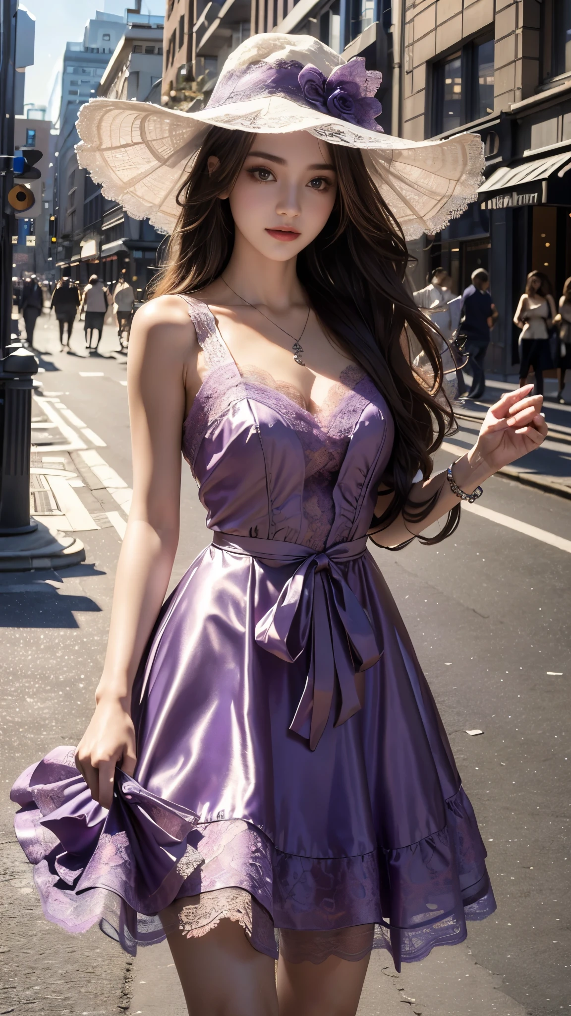 8K, UHD, MAsterpiece, best quality, 1 girl, (realistic face), happy pace, very long hair, small breasts, short clothing, very beautiful ornaments dress, purple color, lace, mesh clothing, sardine, loops, in the balcony, ipllers, depth of field, cinematic lighting, chromatic aberration, motion blur, glowing light, god rays, ray tracing, reflection light, backlighting, knee short,