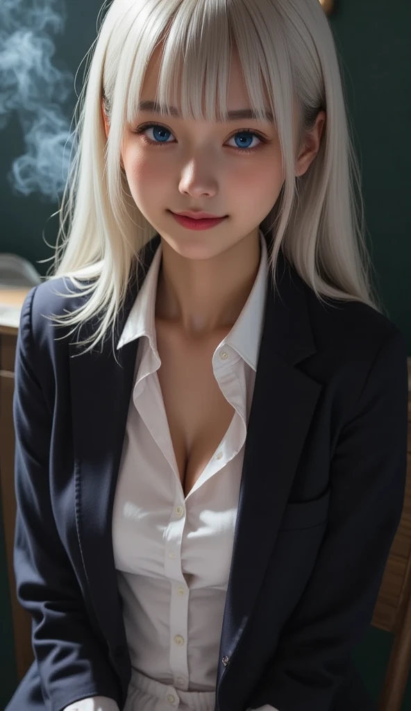 Hot girl, white hair, green eyes, school clothes, big tits