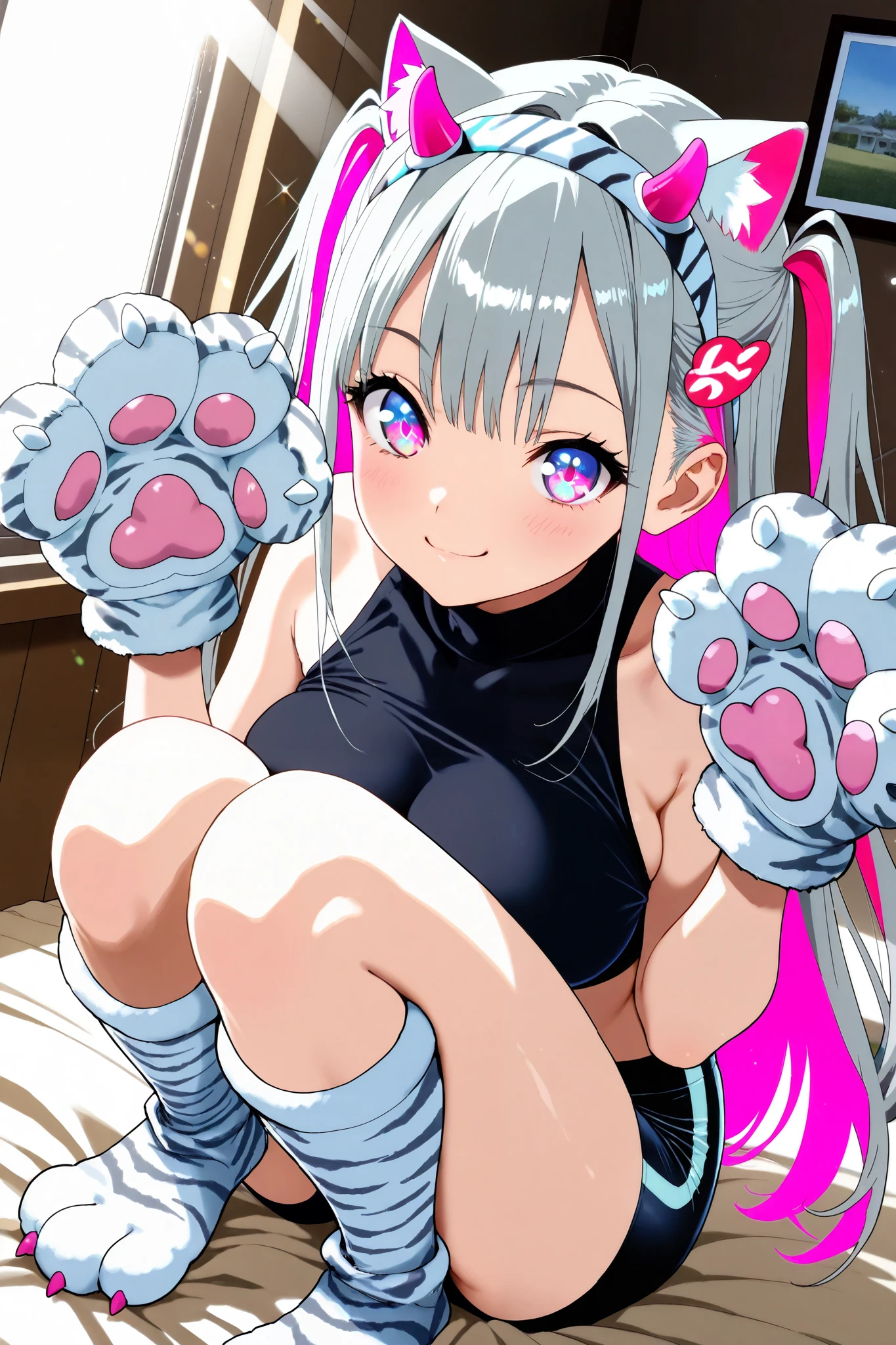 (Cute girl), solo, In a bright Reading room at home, (enjoy smile), (looking at viewer), (sunbeam), (light sparkles), soft shadow,  (dynamic angle), masterpiece, Highest quality, 8K, Ultra-high resolution, rich contrast, with vibrant colors and a sharp focus, (Fake horn headband), Grey hair, (two side up hair style:1.0), (Magenta inner hair:1.5 Sheer Pink:1.2), beautiful Face, smooth Skin, (cute eyes), {{rose eyes:1.2 magenta eyes:1.5 }}, (eyelashes), (Detailed eyes),  (Hair Accessories), (straight hair), (Grey cropped sleeveless turtleneck), (White Tiger print bike shorts),  (Tiger print cat paw gloves), (She is wearing tiger print clawfoot shoes), (knee socks), large breasts, Grey hair, {Magenta inner hair:1.5 Sheer Pink:1.2}, 