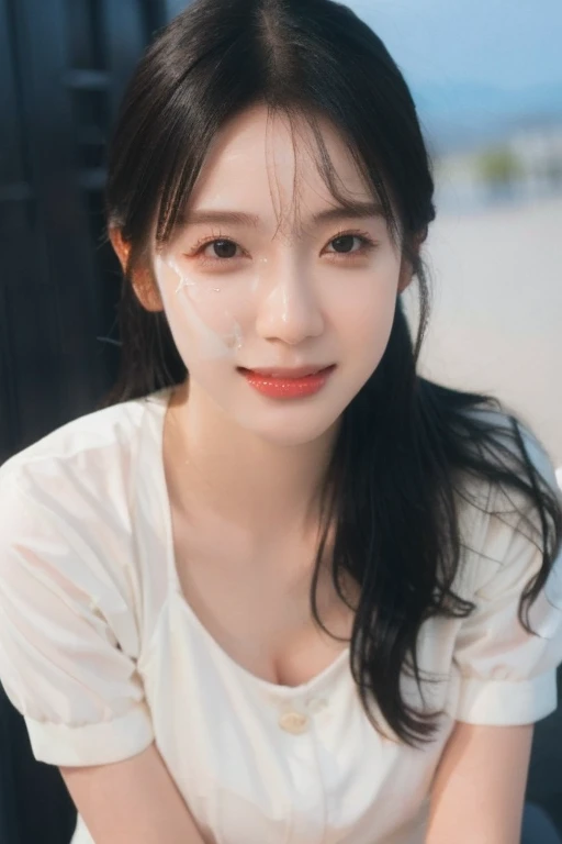 (Highest quality, 4K, 8k, High resolution, masterpiece:1.2), Very detailed, (Realistic, photoRealistic, photo-Realistic:1.37)、smile、Japanese、((Black High Neck Sleeveless Shirt))、(((Bukkake)))、Lips parted,