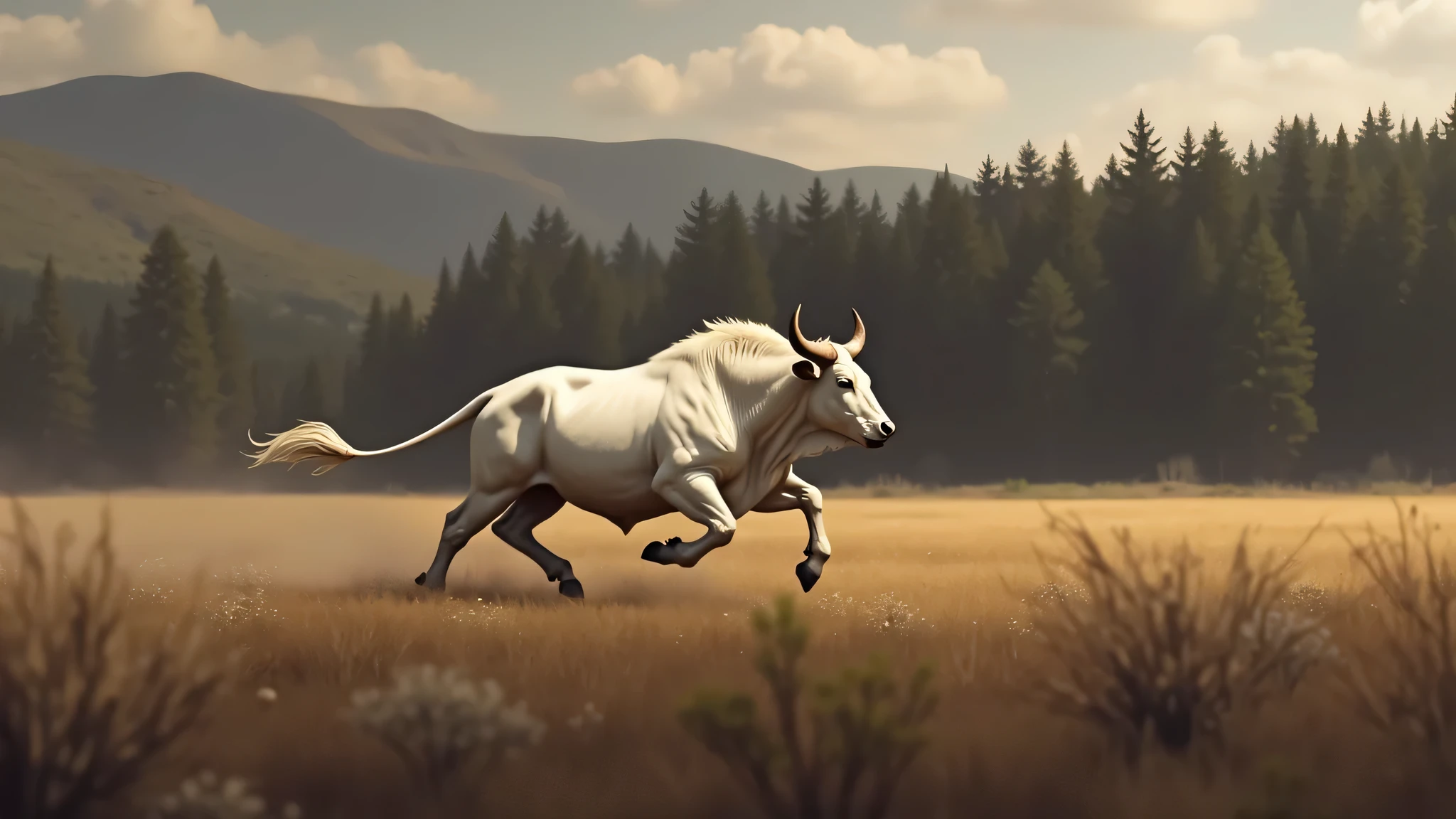 Create a realistic image of a white bull running away into nature, in an open field with trees in the background.