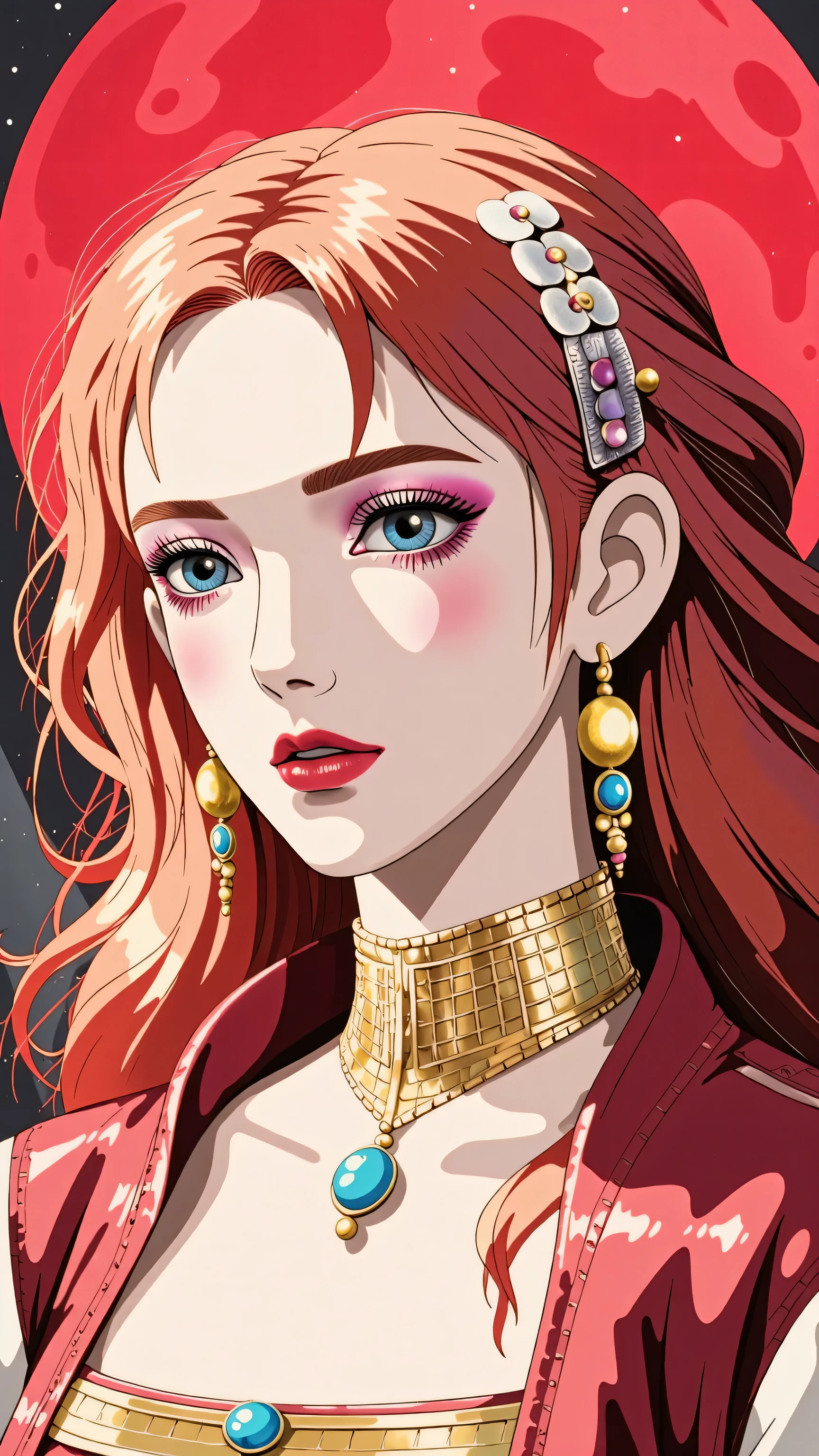 Create a beautiful red night with a red moon, red hair, yellow eyes, makima
