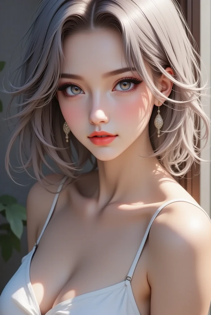 (8k, original photo, best quality, masterpiece:1.2), (Extremely detailed CG, Super detailed, The best shadow:1.1),1 Girl, Solitary, Upper Body,  Paper texture, Ultra-high resolution, ((Extremely detailed face)), Flat Color, Become a, Optimal lighting, Off-the-shoulder boxer sweater,A girl falls in the air, Big saggy breasts:1.4, saggy breasts:1.3, exposing long cleavage, no bra, Strapless, Blow dry hair, Shut up, White hair, White:1.6, (puff chest), smile slightly, Take pictures sideways