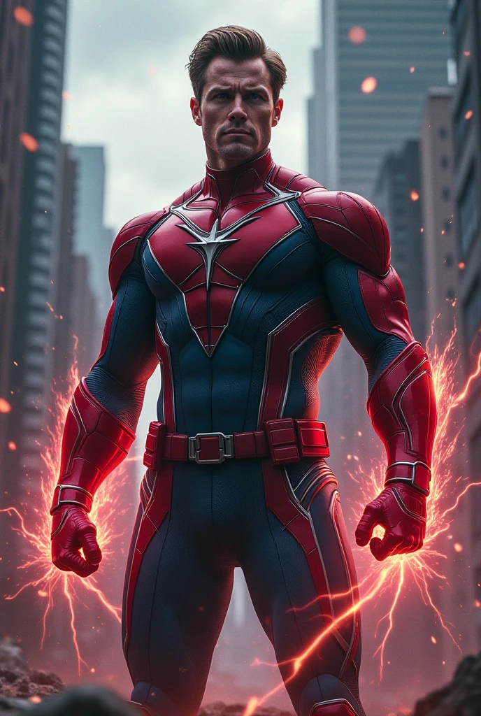 The image features a male superhero with a muscular build, clad in a suit that predominantly showcases blue and red hues. The superhero has red eyes, and the suit includes red detailing that can be seen on the collar and perhaps the shoulder straps. His pose is powerful, with arms crossed in a dramatic X shape, facing forward. Surrounding the figure is a radiant red aura possibly suggestive of electrical or energy-based powers. All of this is set against a pitch-black background, which enhances the striking presence of the character and adds to the overall intensity of the scene.
