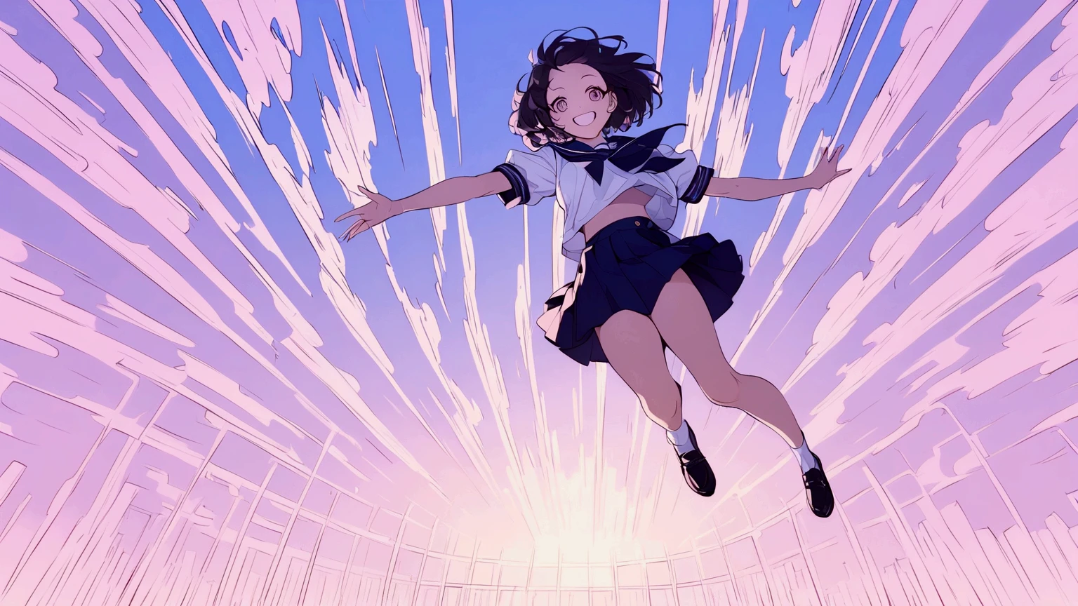 1 girl, dynamic angle, soft laughter, unique appearance, short hair, (short skirt), ((view from below looking up)), (look down at the camera and smile)