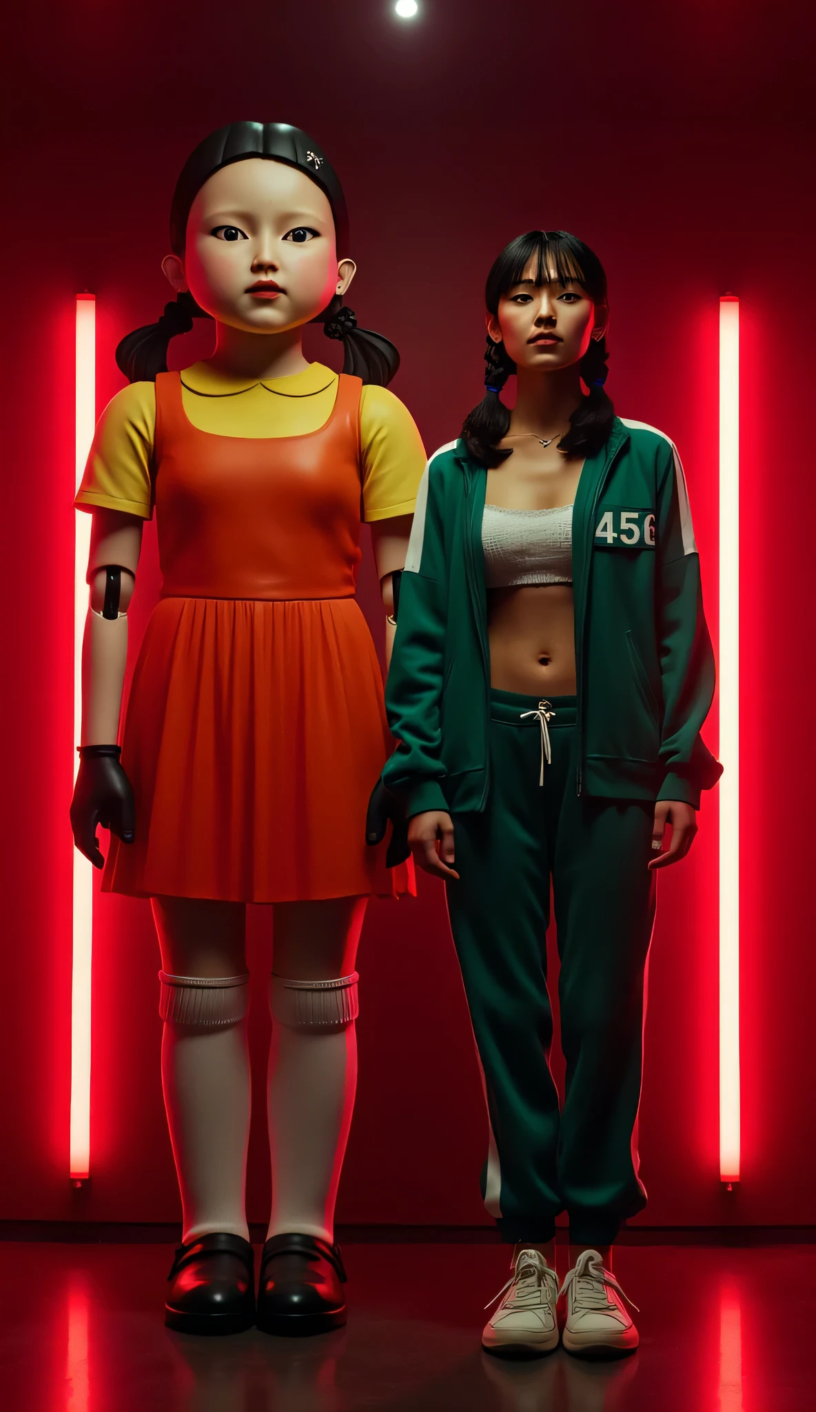 A highly detailed depiction of two humanoid figures standing side by side against a dark background illuminated by red neon LED lights. The first figure is a giant mechanical doll with a rigid round face, pale skin, black braided hair and joints on its arms and legs. She is wearing a yellow short-sleeved blouse, an orange strap dress, knee-high white socks and black shoes. Her facial expression is emotionless and unsettling. The second figure is a Korean participant in Squid Game”, wearing the number 456 on her open jacket. Her jacket is open at the front so that her perfect big breasts are visible. She is wearing a green track jacket with white stripes on the sleeves and nothing under the jacket. The jacket has the number 456 on the left breast. She is also wearing green tracksuit bottoms with white stripes down the sides. Her facial expression is seductive and confident. The lighting creates a futuristic and dystopian atmosphere, with deep shadows and glowing red reflections.
