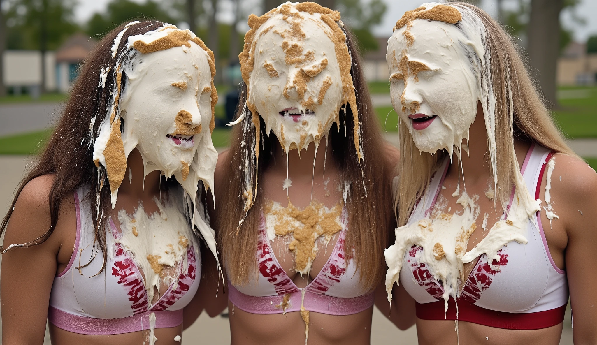 Three beautiful 18-year-old girls wearing matching cheerleader outfits standing next to each other, slightly apart, facing the viewer  They have each been pied several times and their entire faces including their eyes, noses and mouths are buried under a thick layer of very thick pie cream.  Their mouths are closed.  There is a lot more pie cream in their hair.  Full body shots.  College campus setting.
