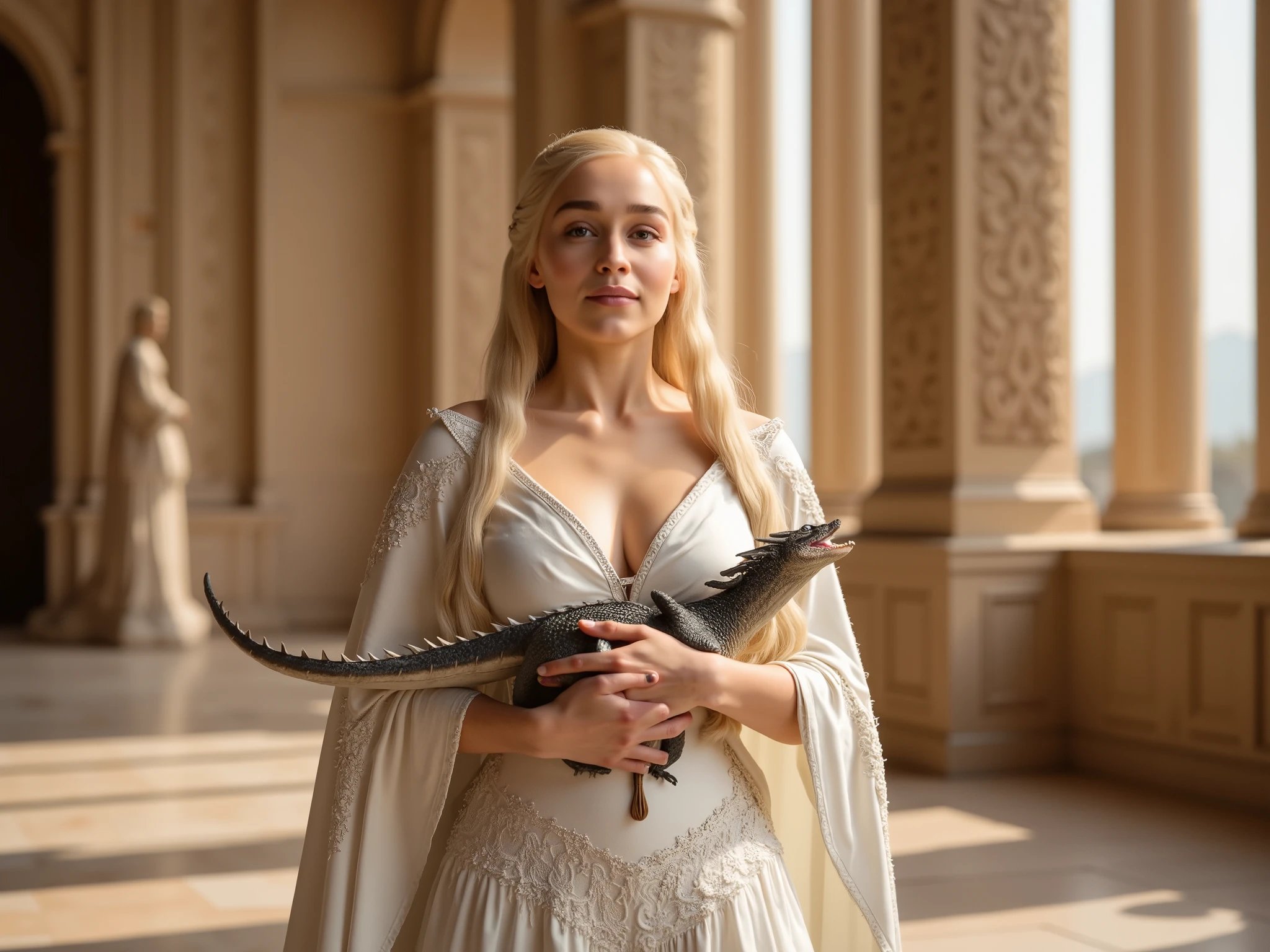 Game of Thrones、 Daenerys Targaryen holds a dragon and smile、 hot and gorgeous female、1 female、 silver-gold hair cascades over her shoulders, and she wears a flowing white gown with intricate embroidery, exuding regal poise , big breast、 alluring 、shows her female character's full figure, athletic body, perfect face, full body, extremely beautiful, goddess, female shape, perfect anatomy, She stands in the grand hall of her castle, surrounded by towering sandstone pillars, walls adorned with intricate carvings of dragons, and flickering braziers casting warm light over the polished stone floor; behind her, tall windows frame the golden desert and the bustling city of Meereen. , photorealistic, masterpiece, realistic, high contrast, 8k, HD, high definition detailed, detailed, hyper detailed, realistic skin texture, best quality, ultra high resolution, Nikon D850 film Stock Photography, Kodak Portra 400 F1.6 camera, rich lens colors, hyper realistic, no text, very detailed eyes, huge breasts: 1.3, cinematic