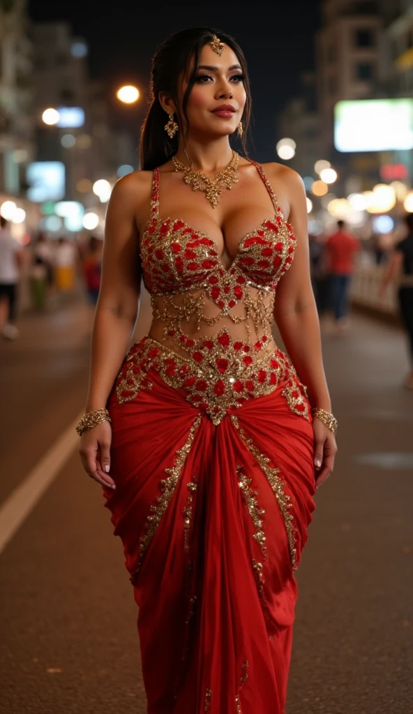 (realistic:1.3), insane detailed, quality, (masterpiece:1.2), (photorealistic:1.2), (best quality), (detailed skin:1.3), (intricate details),, woman, portrait of java wedding woman in pink long kebaya dress traditional, red lipstick, golden necklace, earrings, ornate, detail, flowers, street background, soft focus, Breast cleavage, detail, slim body, (((full body))), eyes on camera, face on camera,high-heels,big hips, medium thighs,(cute face:1.15),(huge breasts:1.2)