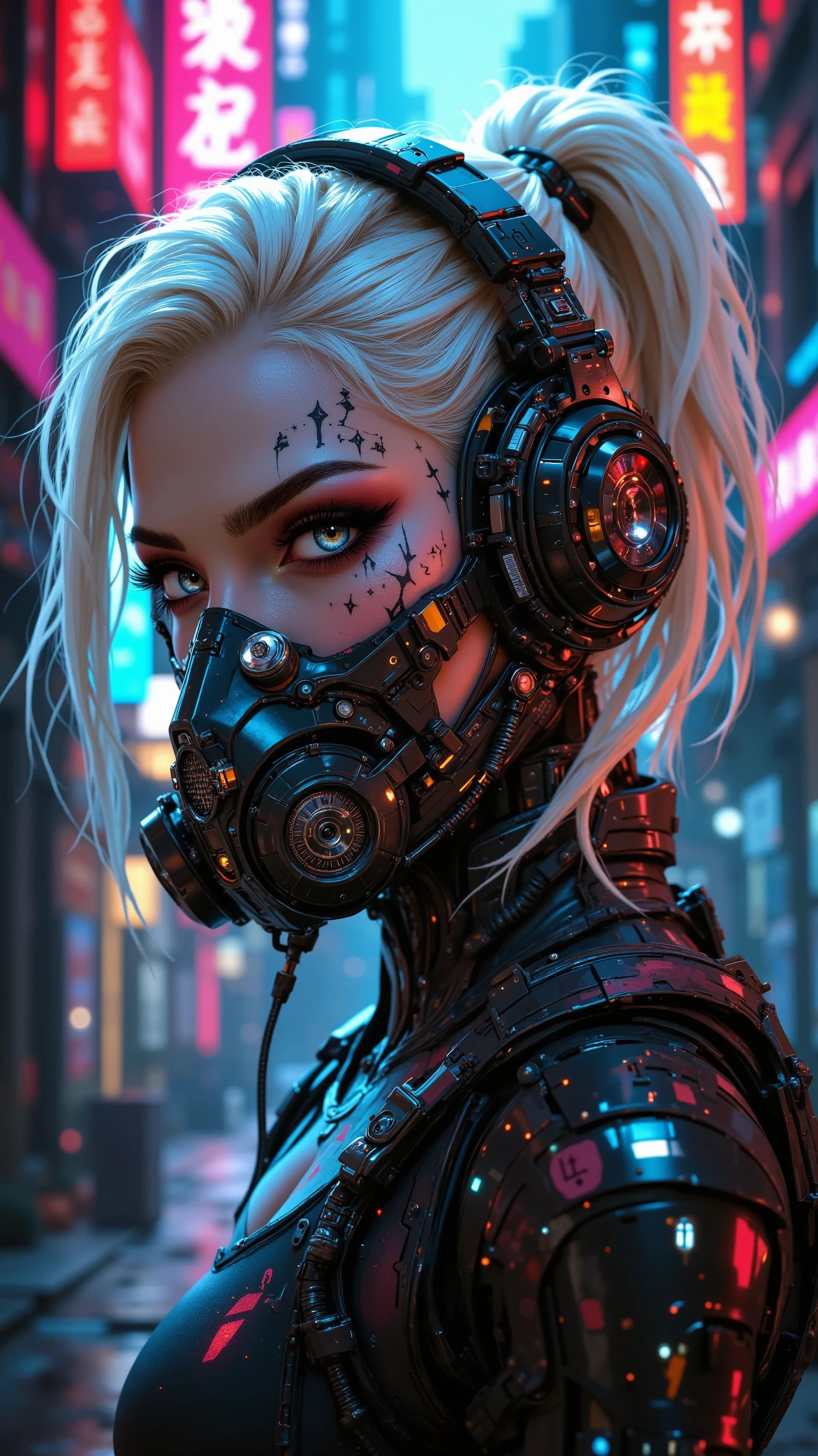 Cyberpunk female, platinum blonde hair, futuristic hairstyle, face tattoo, ornate headphones, gas mask accessories, neon accents, vibrant makeup, stylized 3D render, hyper-detailed, cinematic lighting, shallow depth of field, high-tech fashion, sci-fi atmosphere, digital art, intricate details, vivid colors, photo-realistic textures, character design, urban dystopia background