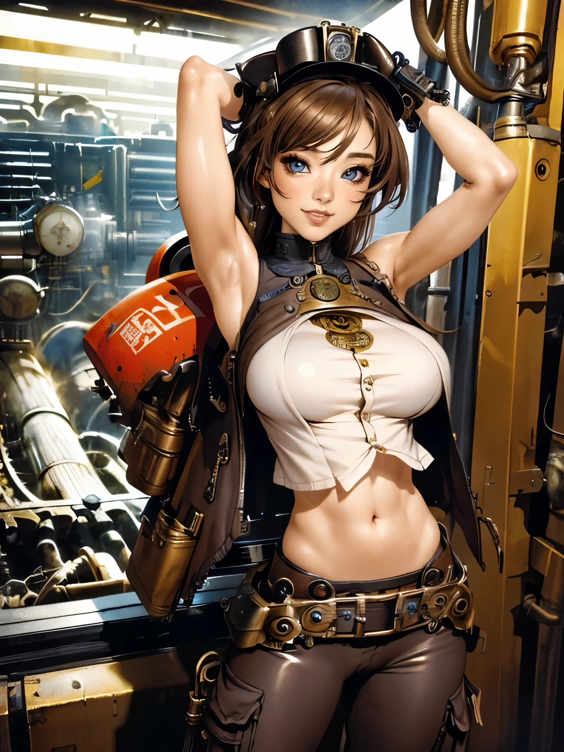 1girl, steampunk, Different hairstyles, ((((dark skin)))), different hair colours, female engineer, revealing workwear, goggles, perfect body, 80% body exposed, Provocative postures, intricate machinery, brass and copper accents, cogs and gears, futuristic cityscape, warm lighting, muted color palette, cinematic composition, photorealistic, 8k, best quality, masterpiece