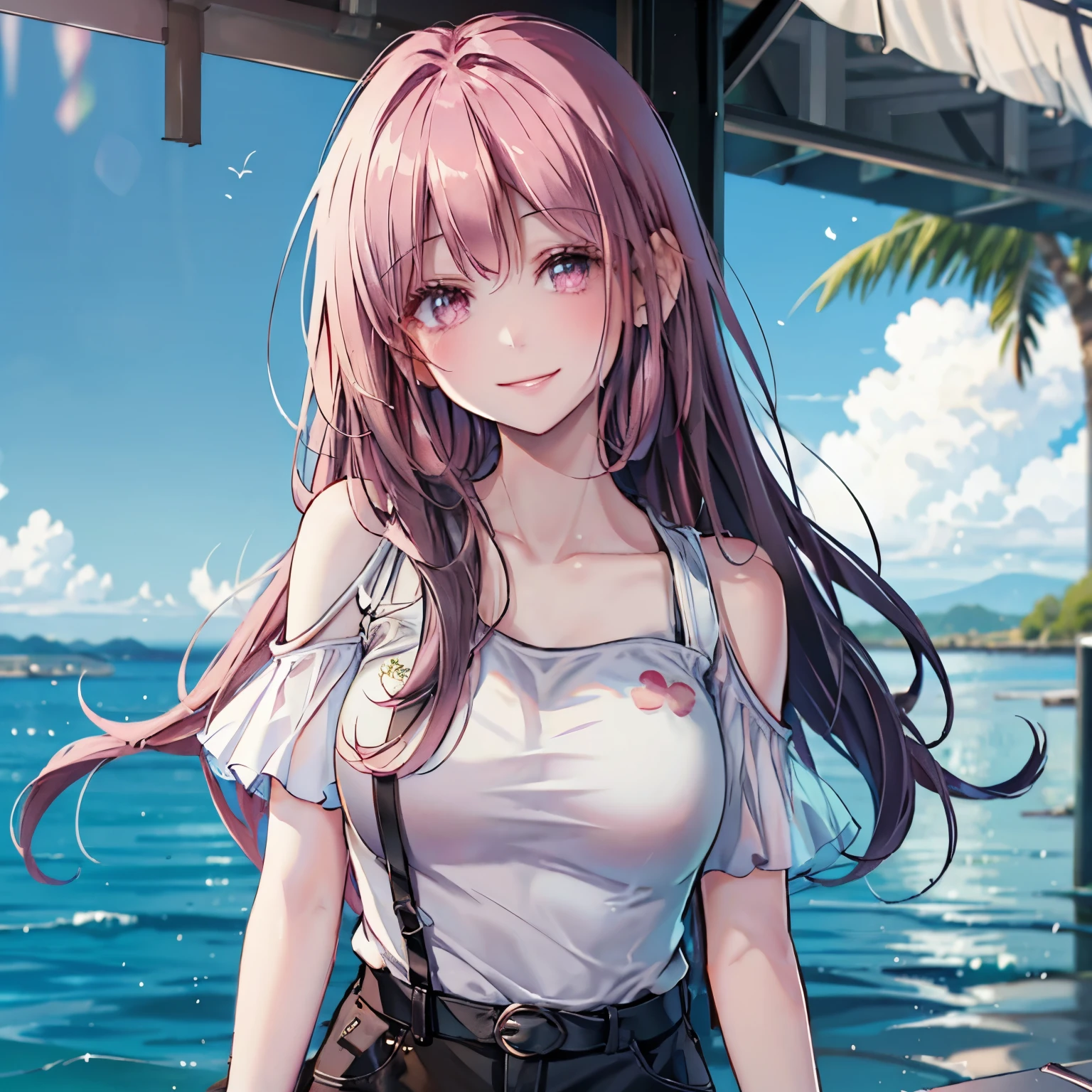 Cute 30-year-old woman, long hair, pink hair, no bangs, smiling, wearing a pure white casual T-shirt, casual clothing, blue sky, seaside