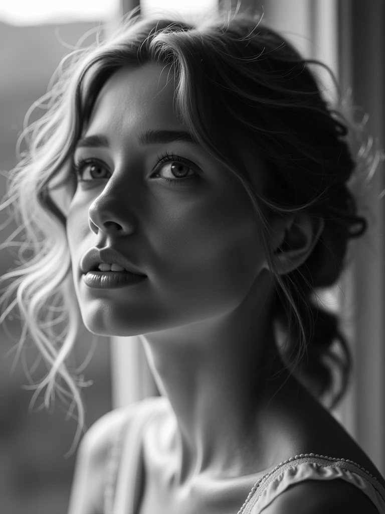 A romantic black and white portrait of a radiant young woman - SeaArt AI