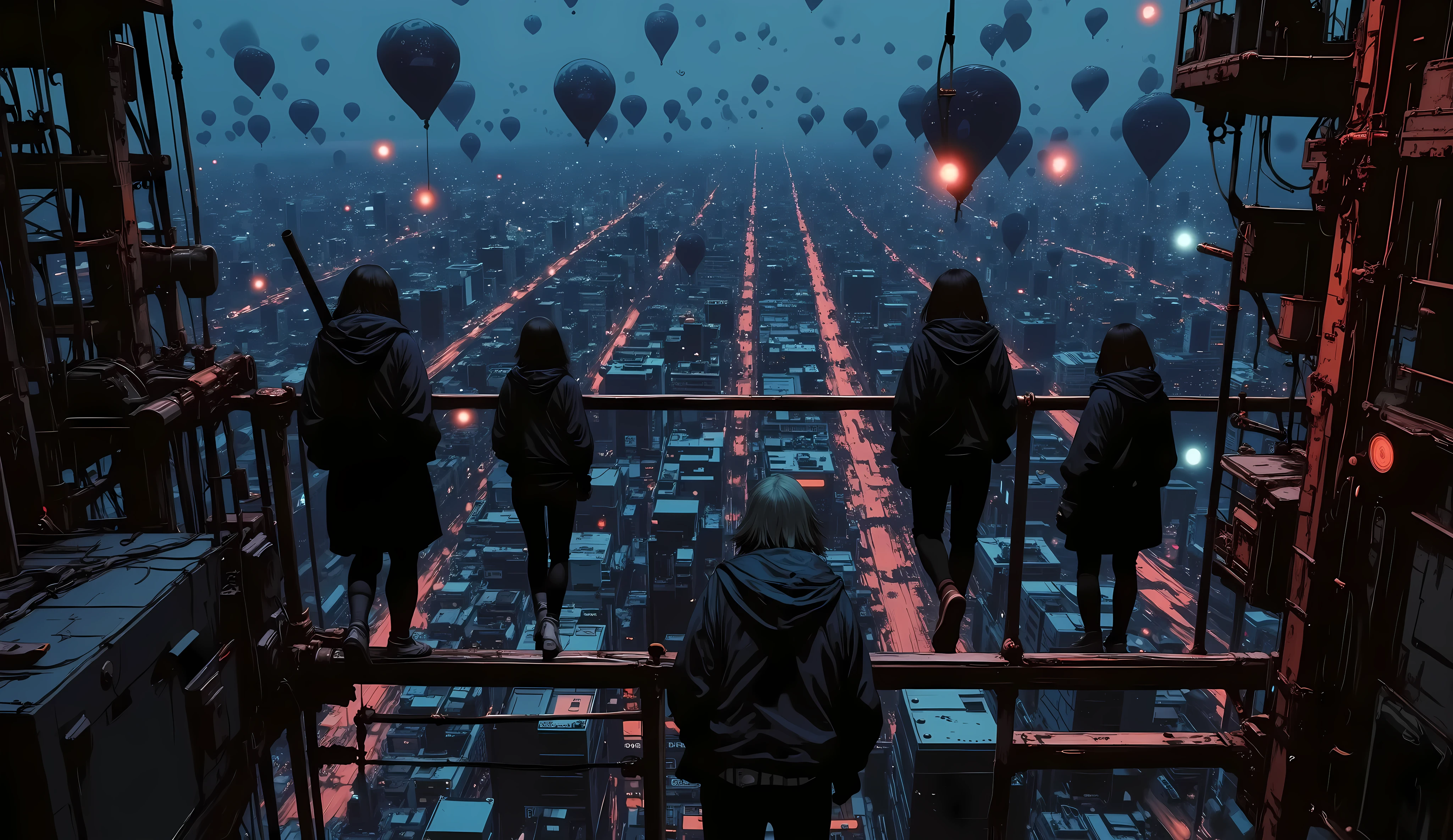 (( RAW photo), absurdo, ( absurd resolution)), masterpiece, envelopes , ( Extremely detailed 8k unit CG wallpaper), ( best illustration), ( Best Tone ), realistic lighting , detailed and beautiful glitter, (( 20 years)), black jacket , with a cross , 4 young people in a rock band, flotando por encima de la ciudad, ciudad de noche,