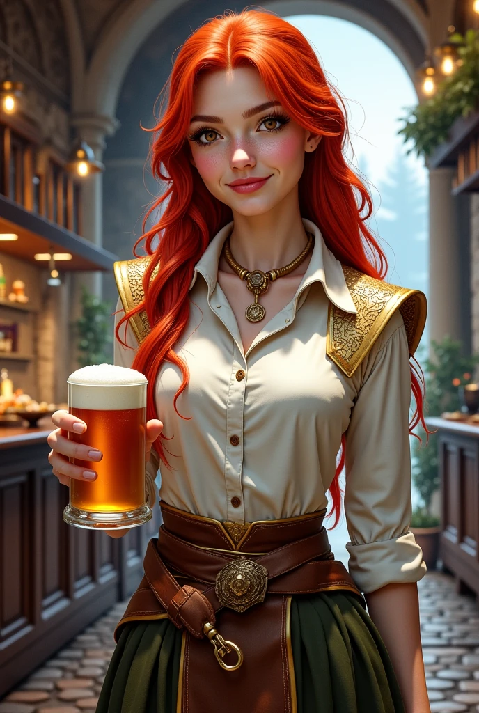 A young red-haired prince, 20 years old, ((blue eyes)), brown hair, straight, short, fair skin, ((best quality)), medieval clothing, holding a glass, is sitting at the table of the tavern, drinking a beer along with a red-haired vampire, 15 years old, ((best quality)), ((highly detailed)), Masterpiece, ((official-art)), cape, hood, (girl 1:33, solo), medieval clothing, in a tavern, perfect image, UHD, 8K