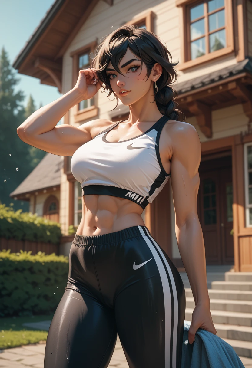 Este es un fondo de pantalla CG Unity 8k con ultra detallado, high-resolution and top quality in cyberpunk style, dominado por el negro y el rojo. En la imagen, Una hermosa chica con cabello largo con cabello blanco desordenado, un rostro delicado, wearing a steam mecha mask, De pie sobre las ruinas, (Battle Damage: 2.5), and the action of a woman holding a heavy sniper rifle in her hand,