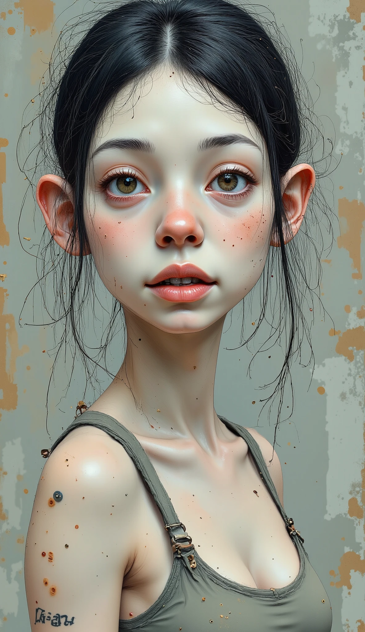 Beauty、dirty skin、 A girl with a realistic skin texture stands in front of a concrete background . Her dirty shirt adds a sense of roughness to the overall image . .. She has a tattoo on her arm, , which adds an avant-garde touch to its appearance .. The image focuses on the ultra-detailed representation of her skin , , , ensuring that every pore and wrinkle is accurately represented . The background defines the environment with its industrial style ., urban feel . Lighting plays a crucial role in improving the realistic and photorealistic effect of the image. The colors are vivid and the details are sharp . ., , , , which results in an 8k image of the best quality that resembles a masterpiece .tattoo