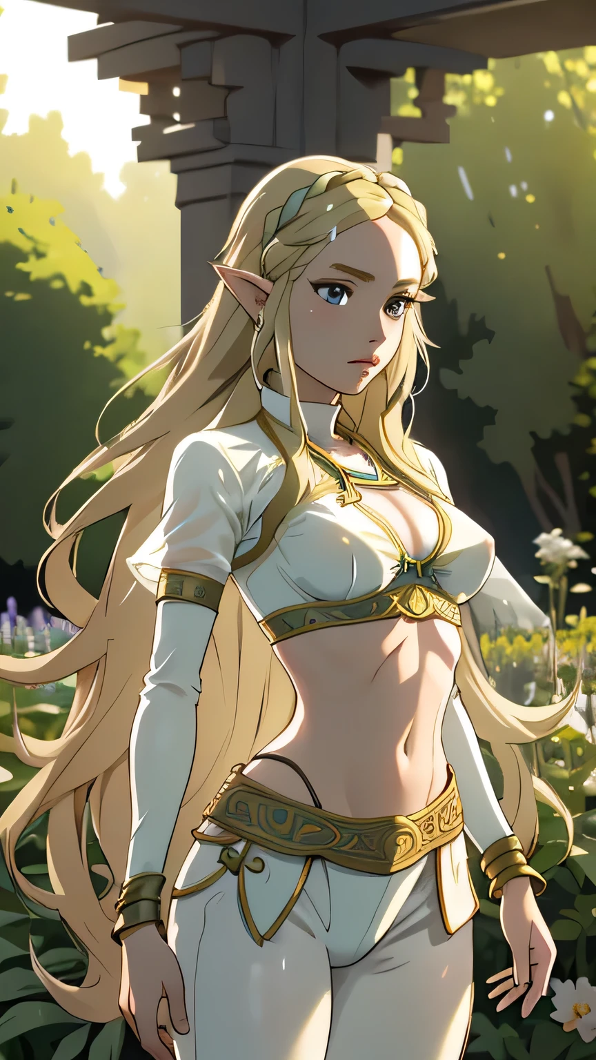 1girl in, 21, princess Zelda, photo of perfect woman, portrait, looking straight at camera, 5'3", Solo, Aesthetic artwork, (blond, straight blonde hair, waist length blond hair:1.25), (clear skin, pale skin, small breasts, B-cup, runners body, very thin waist, skinny, petite, detailed skin texture, (Masterpiece, focus on breasts:1.2), (she wears a see-through transparent white bikini, opaque clothing, jewelry, bangles, gold accessories. detailed background, garden, pavilion, (extremely detailed 8k wallpaper), evening outdoor lighting, high quality, film grain, Fujifilm XT3 sharp focus, f 5.6, 50mm, High Detail, Sharp focus, (natural light), crazy details, complex details, hyper detailed
