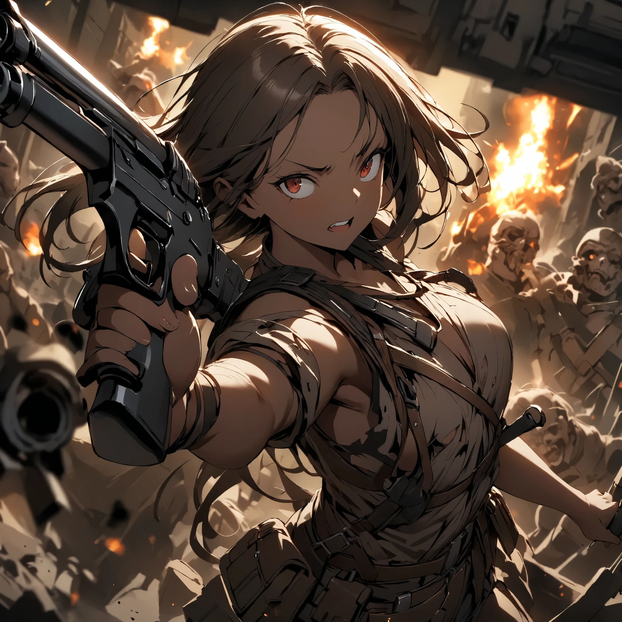 Beautiful Woman Shooting Enemies in the Apocalypse 、Walther P38、 Anatomically accurate firing 、 equipped with lots of tools on a tanned leather tool belt、Full Harness、 perfect eyes、Glossy brown skin 、Tattered clothes